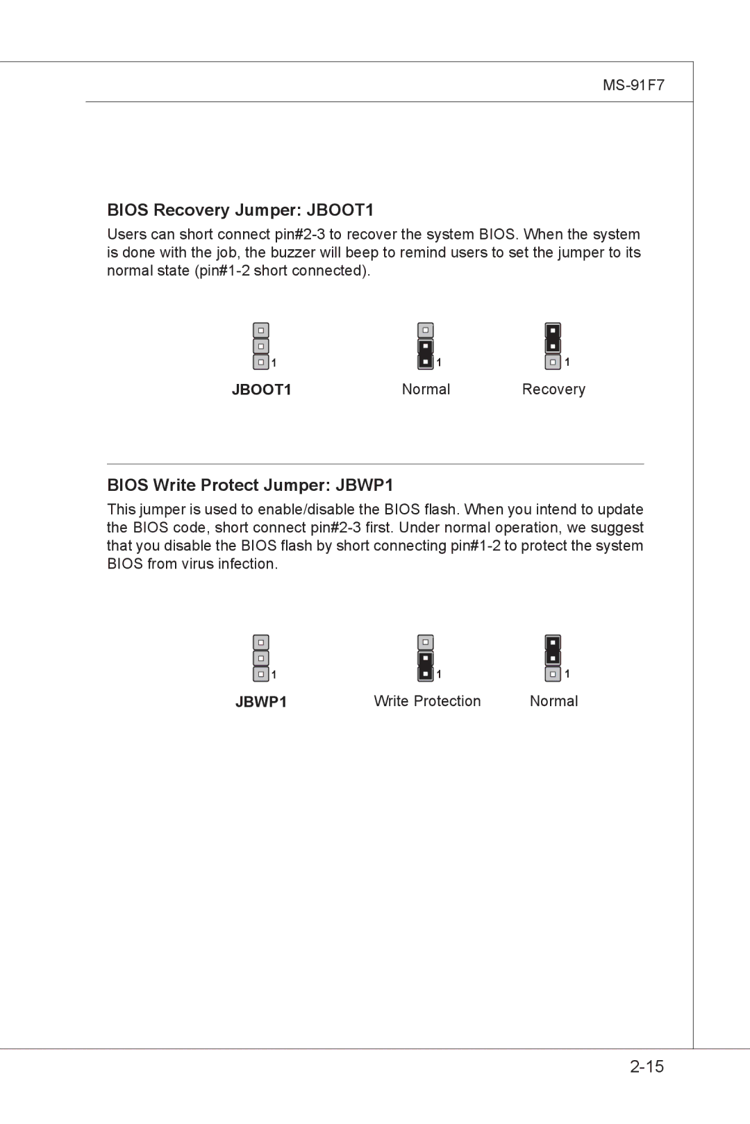 MSI MS-91F7 manual Bios Recovery Jumper JBOOT1, Bios Write Protect Jumper JBWP1, Normal Recovery, Write Protection Normal 