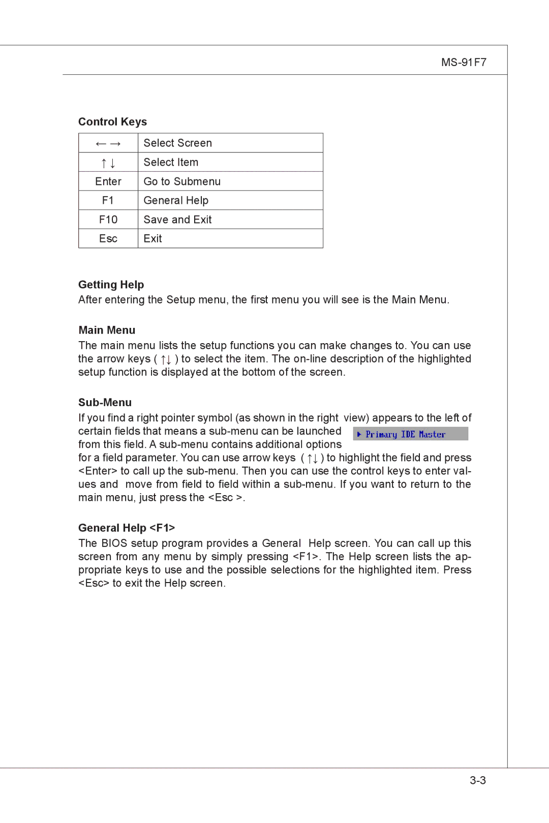 MSI MS-91F7 manual Control Keys, Getting Help, Main Menu, Sub-Menu, General Help F1 