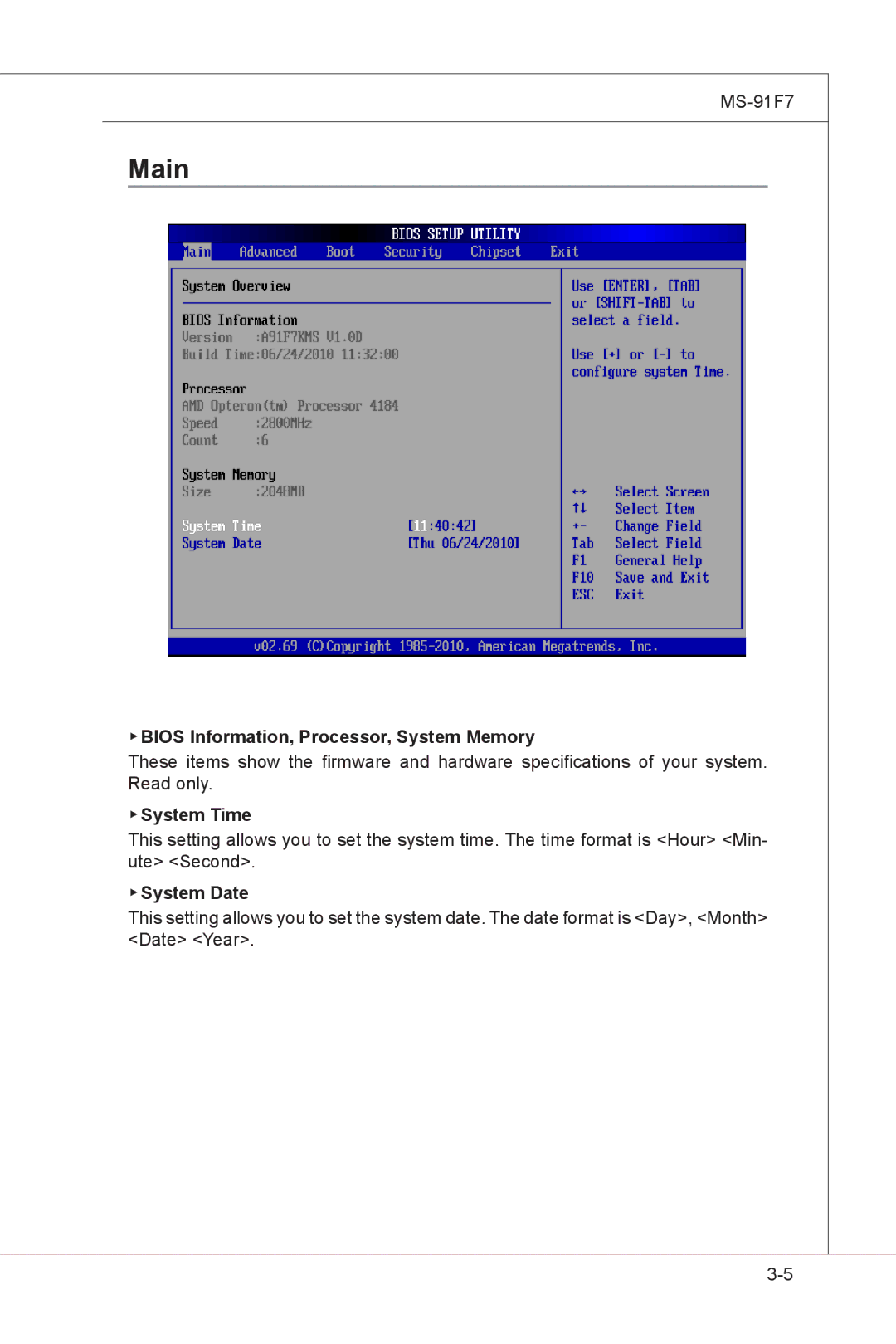 MSI MS-91F7 manual Main, Bios Information, Processor, System Memory, System Time, System Date 