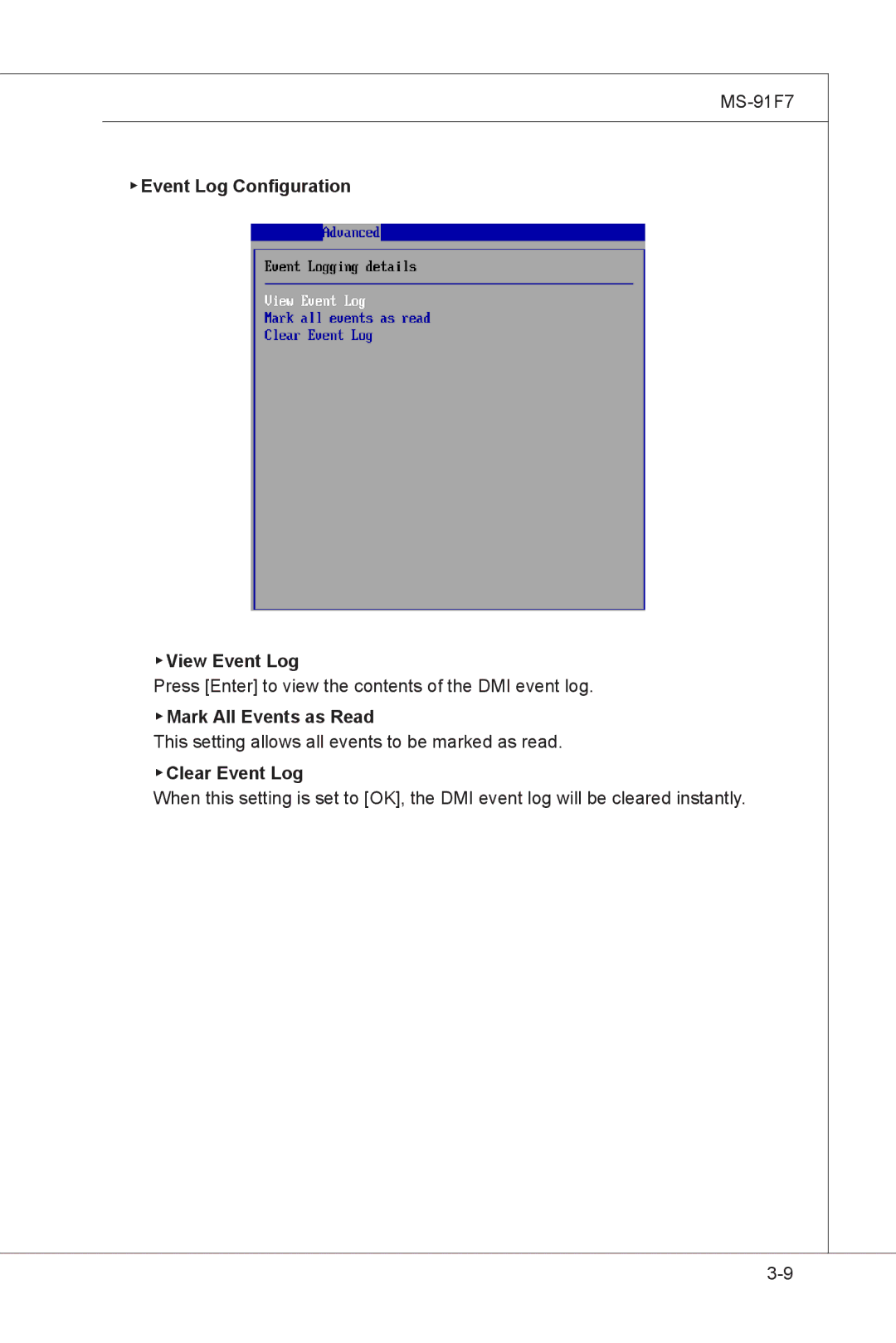 MSI MS-91F7 manual Event Log Configuration View Event Log, Mark All Events as Read, Clear Event Log 