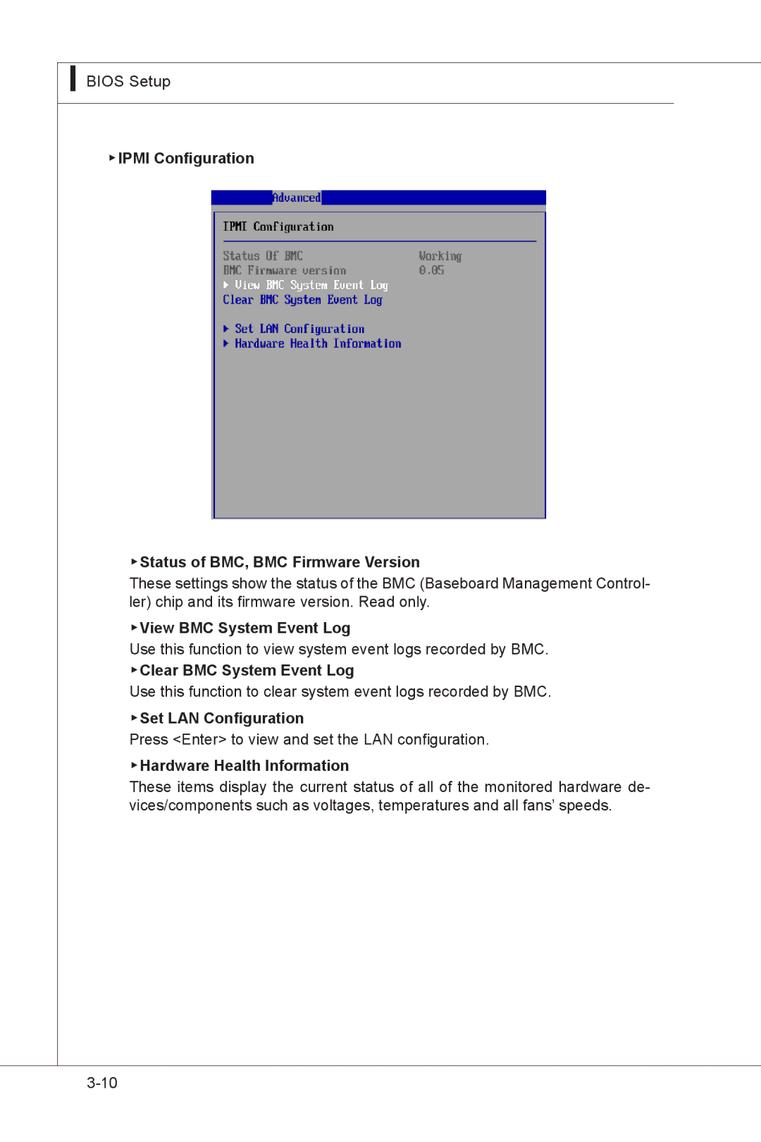 MSI MS-91F7 Ipmi Configuration Status of BMC, BMC Firmware Version, View BMC System Event Log, Clear BMC System Event Log 