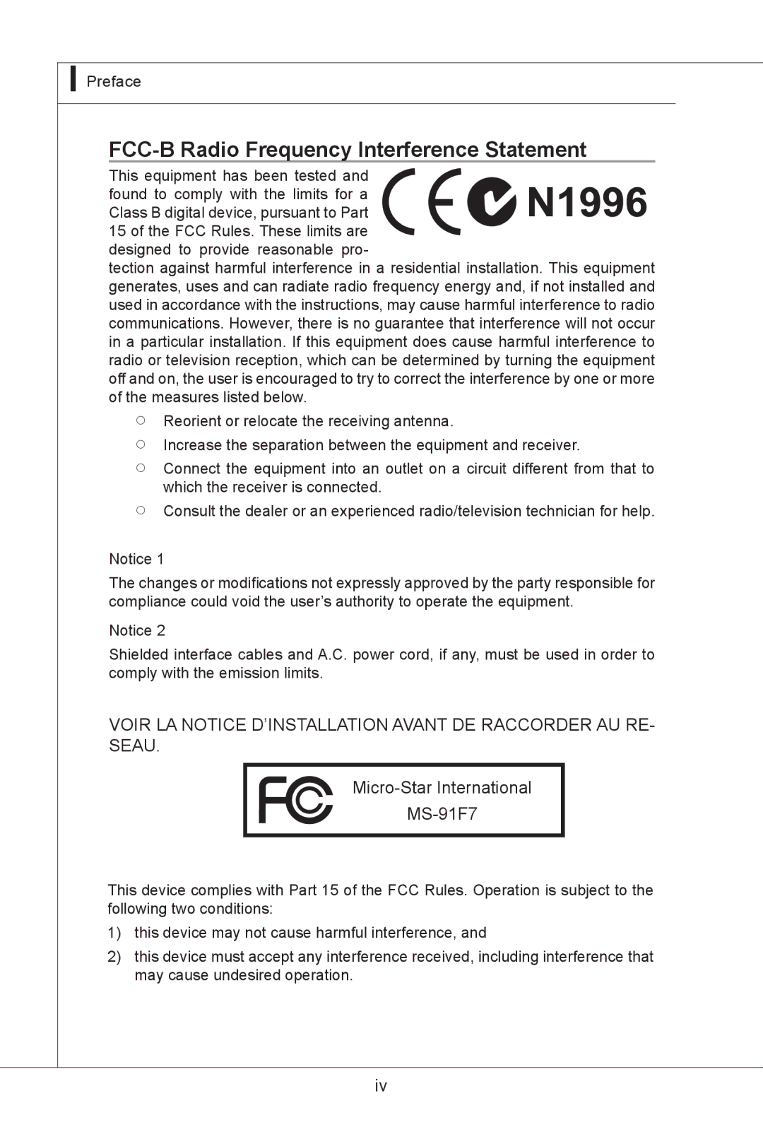 MSI MS-91F7 manual FCC-B Radio Frequency Interference Statement 