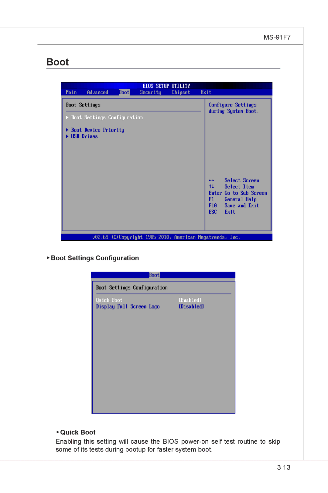 MSI MS-91F7 manual Boot Settings Configuration Quick Boot 