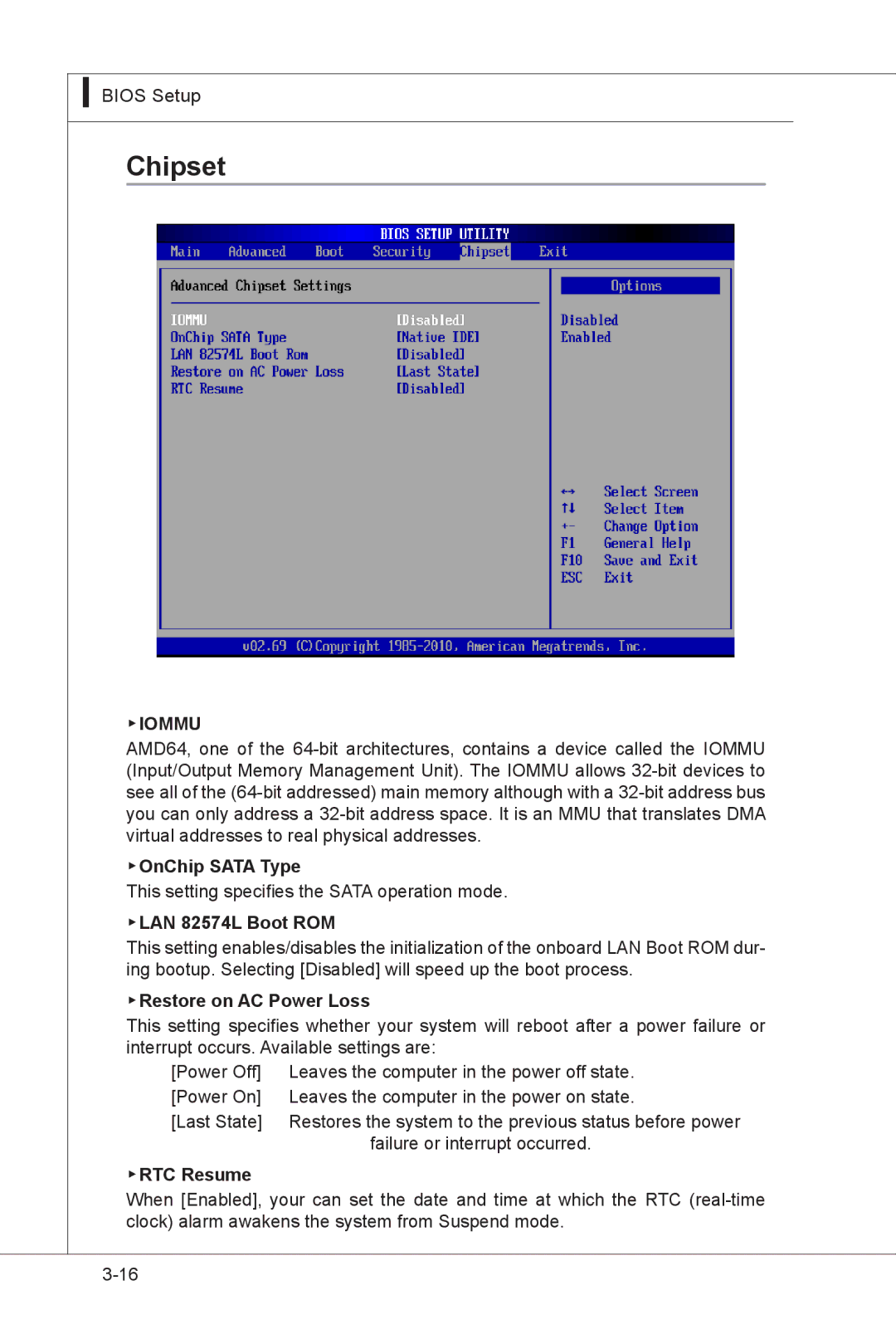 MSI MS-91F7 manual Chipset, OnChip Sata Type, LAN 82574L Boot ROM, Restore on AC Power Loss, RTC Resume 