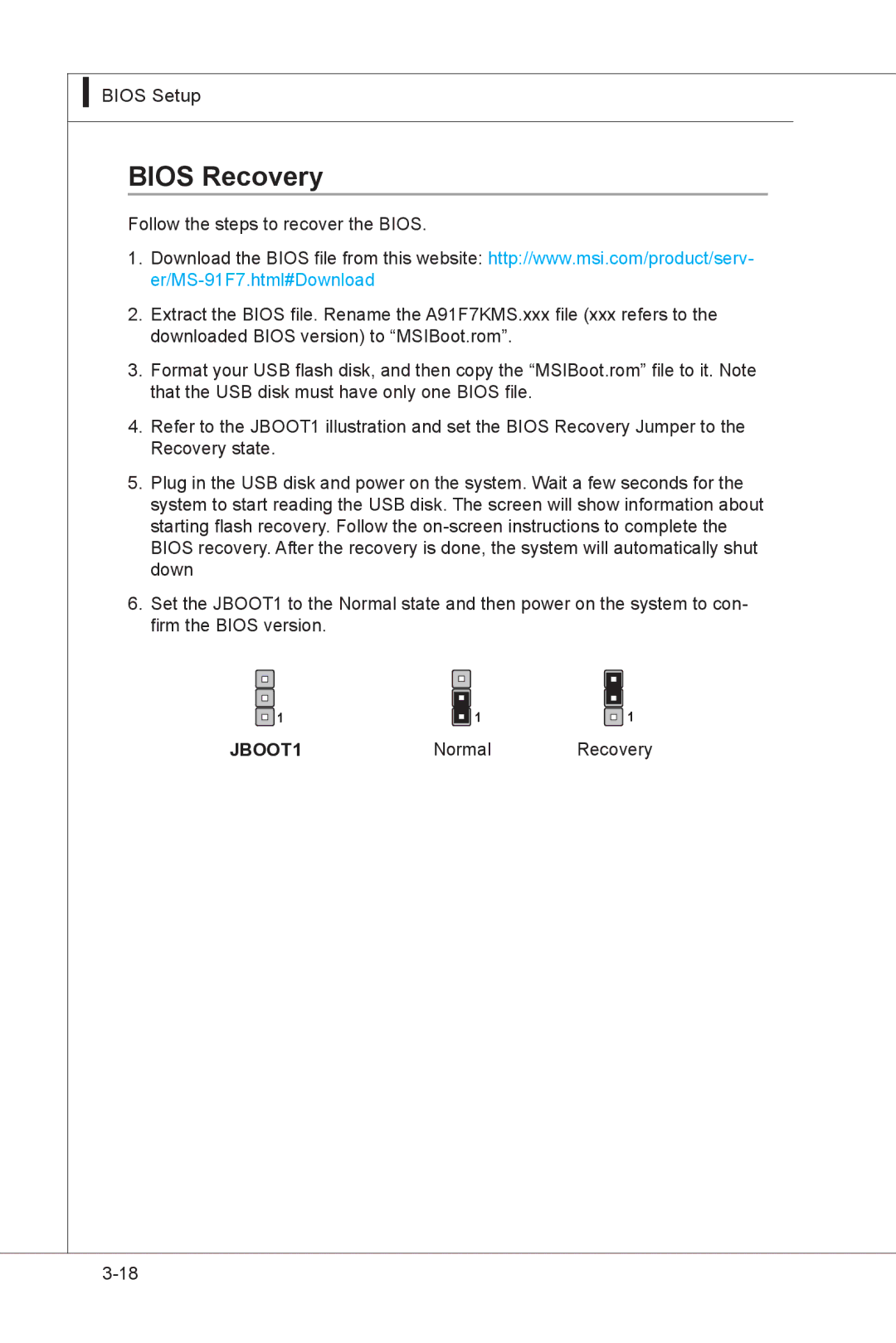 MSI MS-91F7 manual Bios Recovery, Normal Recovery 