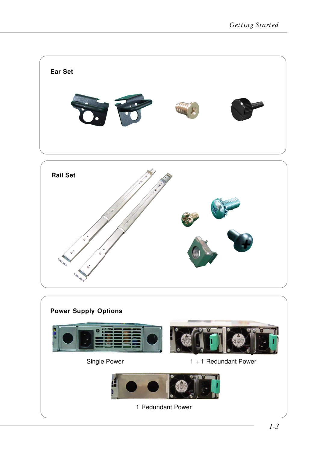 MSI MS-9246 manual Ear Set Rail Set Power Supply Options 