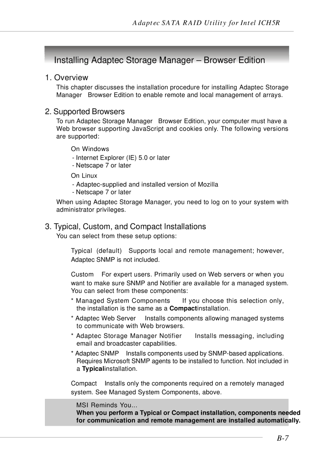 MSI MS-9246 manual Supported Browsers, Typical, Custom, and Compact Installations 