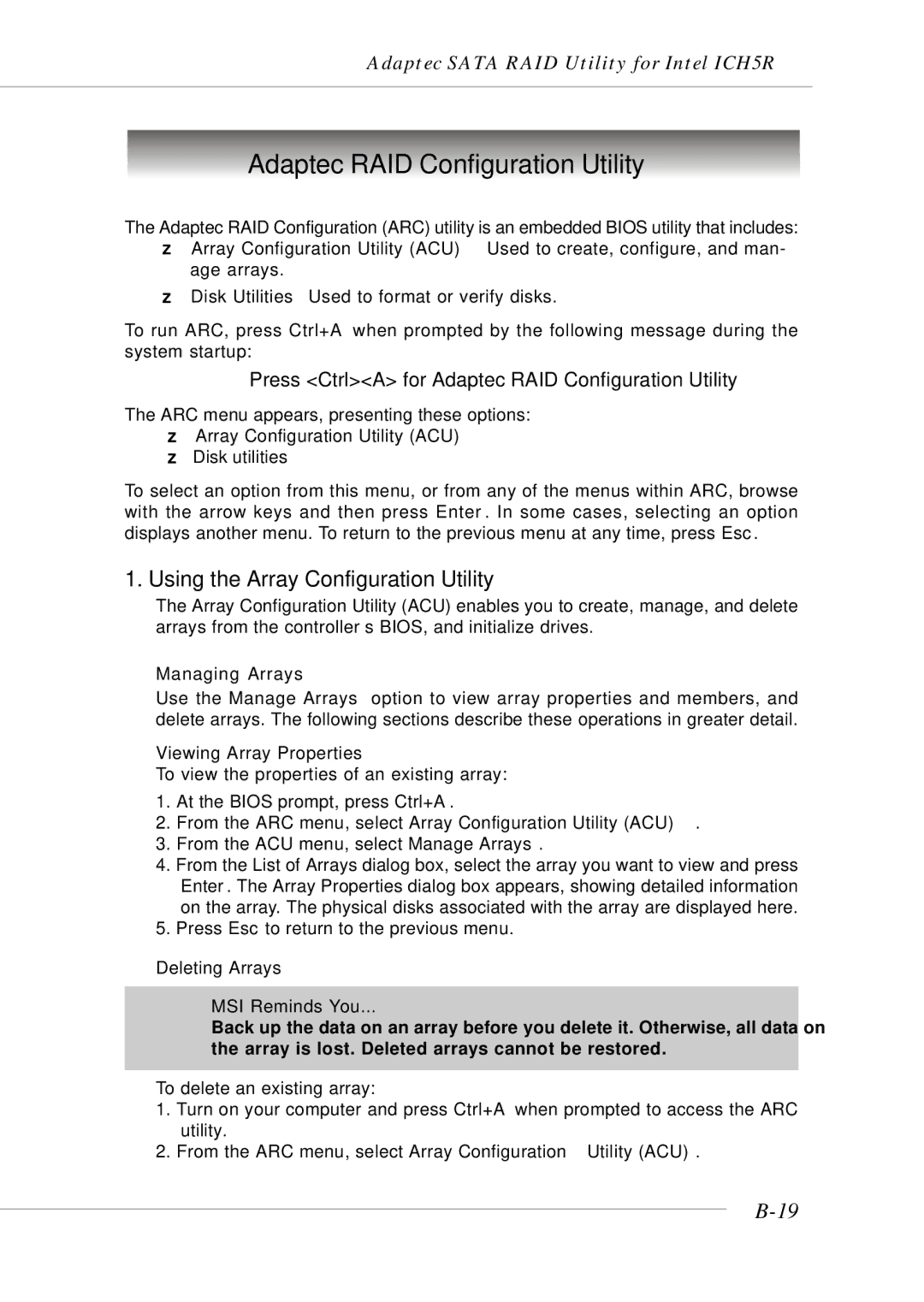 MSI MS-9246 manual Adaptec RAID Configuration Utility, Using the Array Configuration Utility, Managing Arrays 