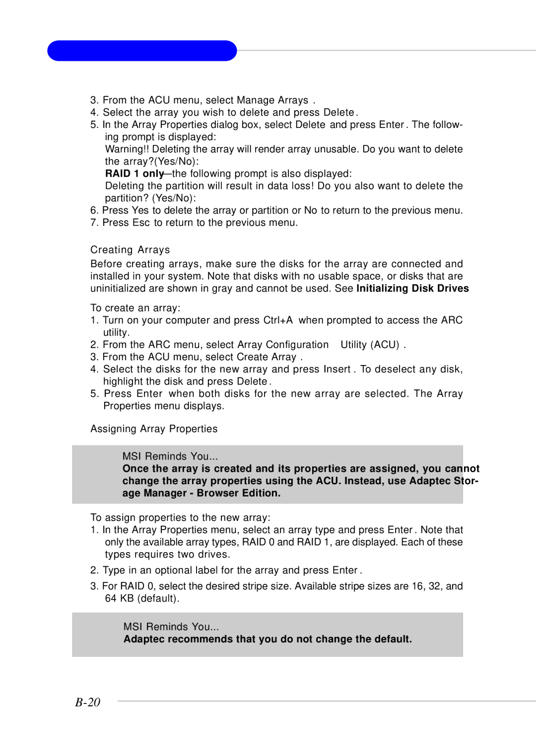 MSI MS-9246 manual Creating Arrays 