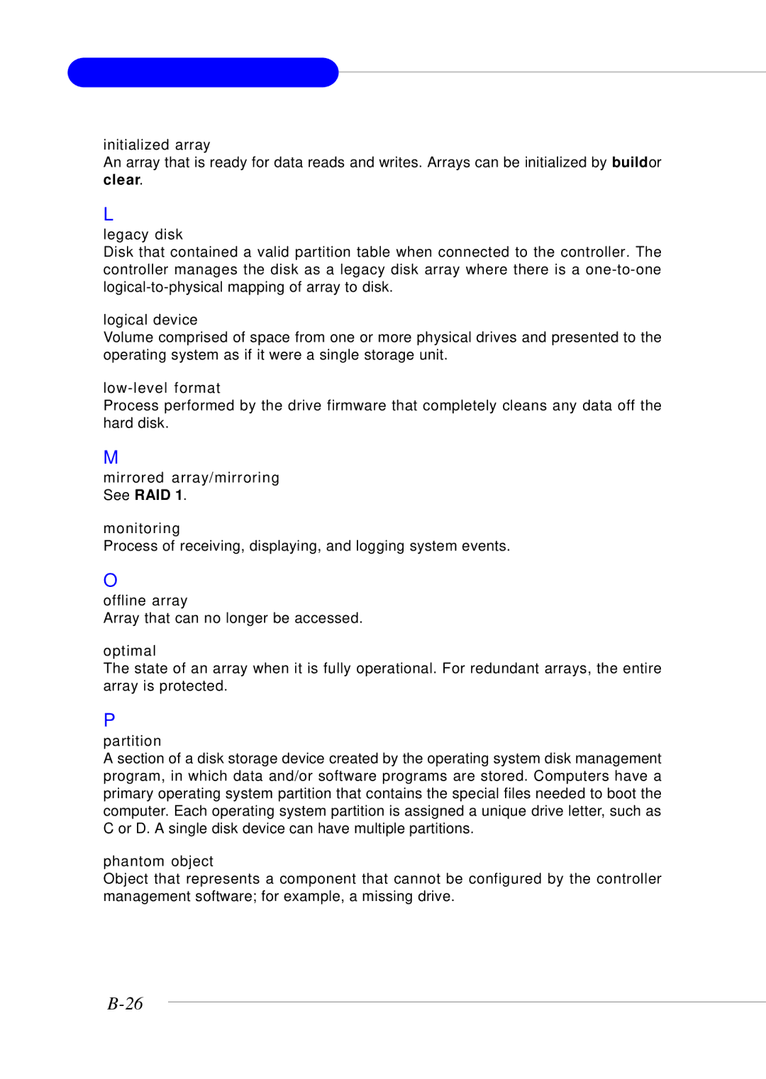 MSI MS-9246 manual Initialized array, Legacy disk, Logical device, Low-level format, Mirrored array/mirroring, Monitoring 