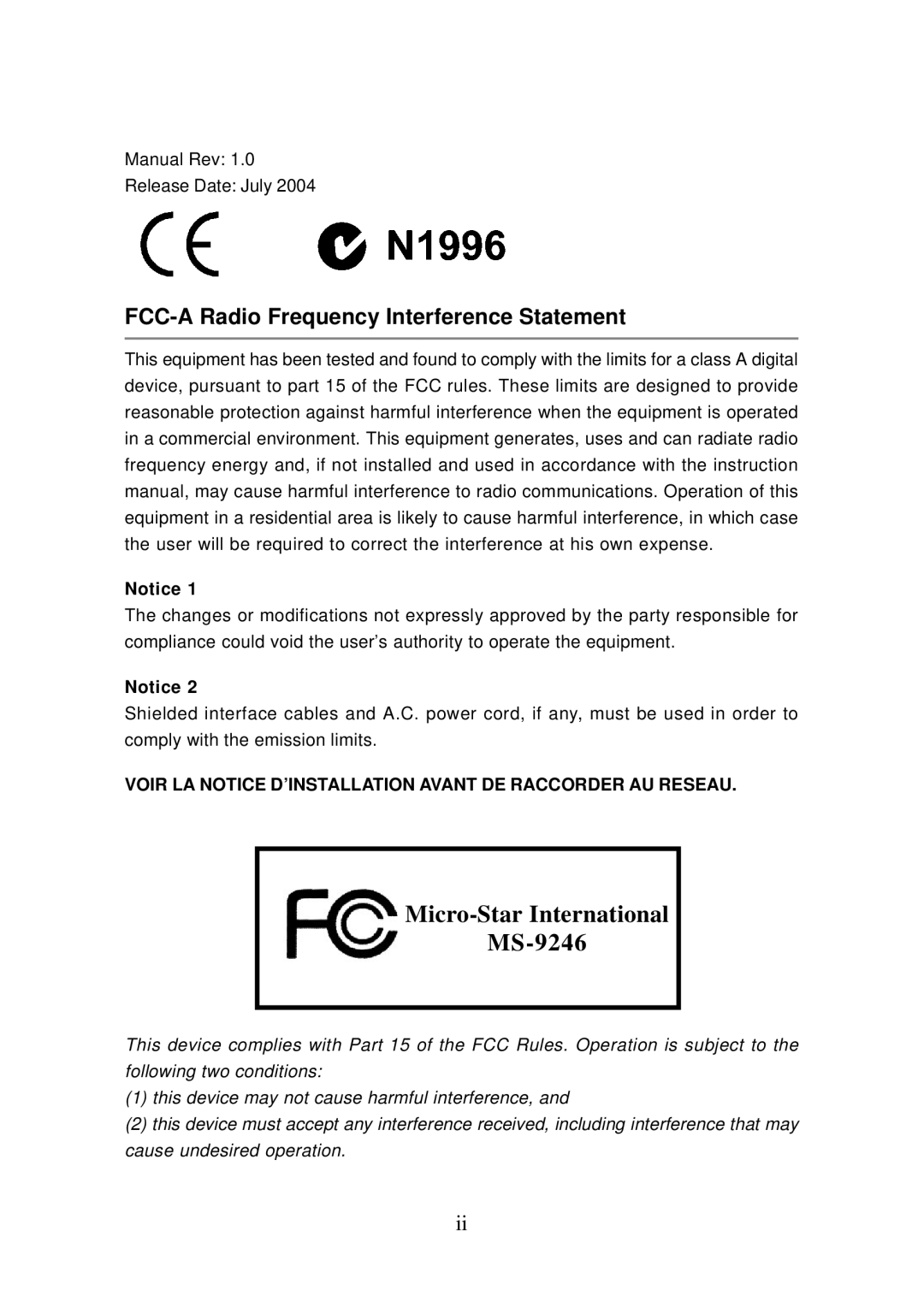 MSI MS-9246 manual FCC-A Radio Frequency Interference Statement, Voir LA Notice D’INSTALLATION Avant DE Raccorder AU Reseau 