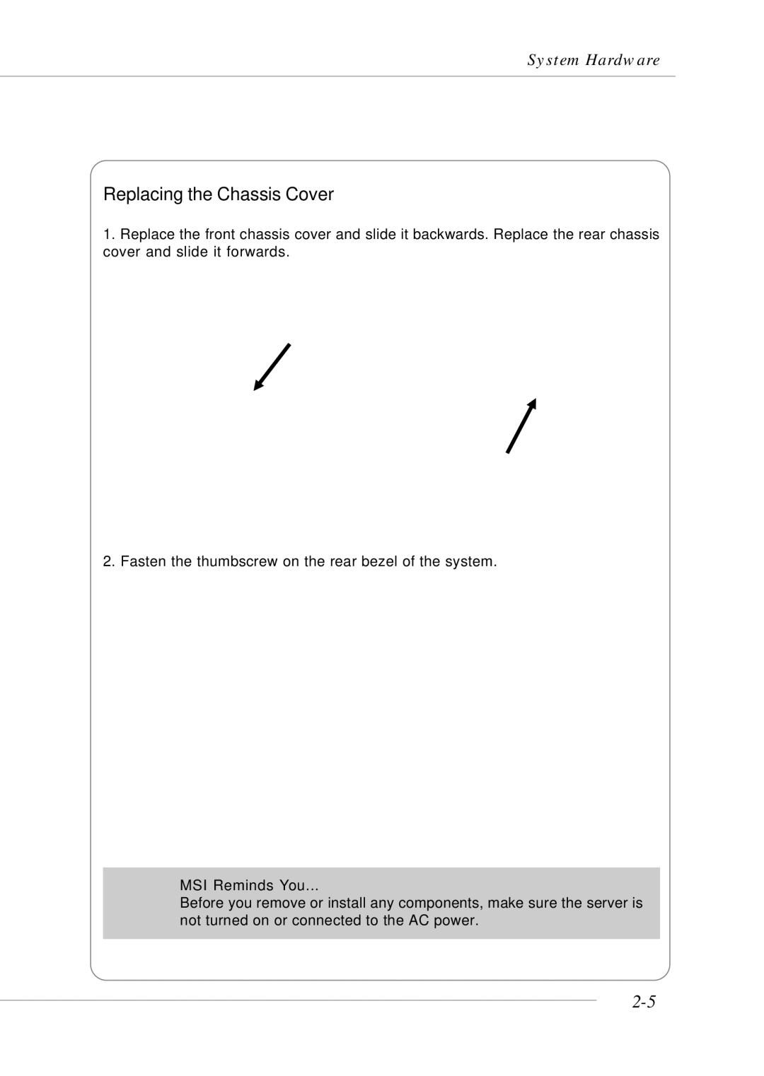 MSI MS-9246 manual Replacing the Chassis Cover, MSI Reminds You 