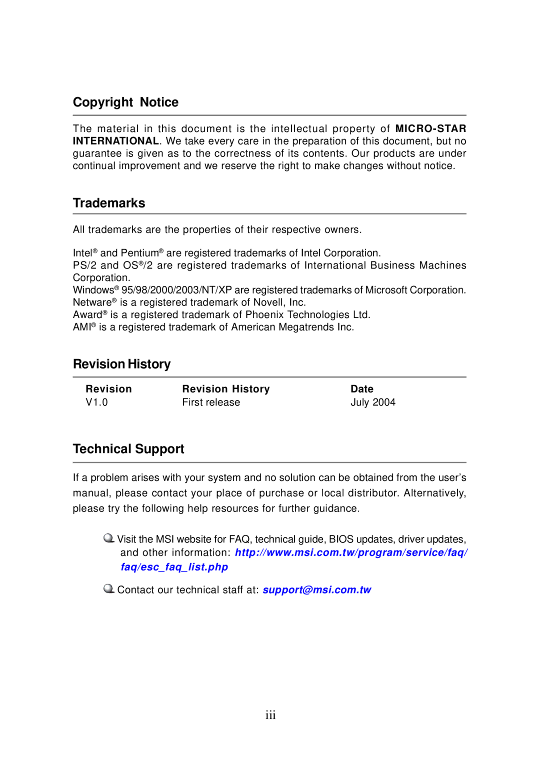 MSI MS-9246 manual Copyright Notice, Trademarks, Revision History, Technical Support 