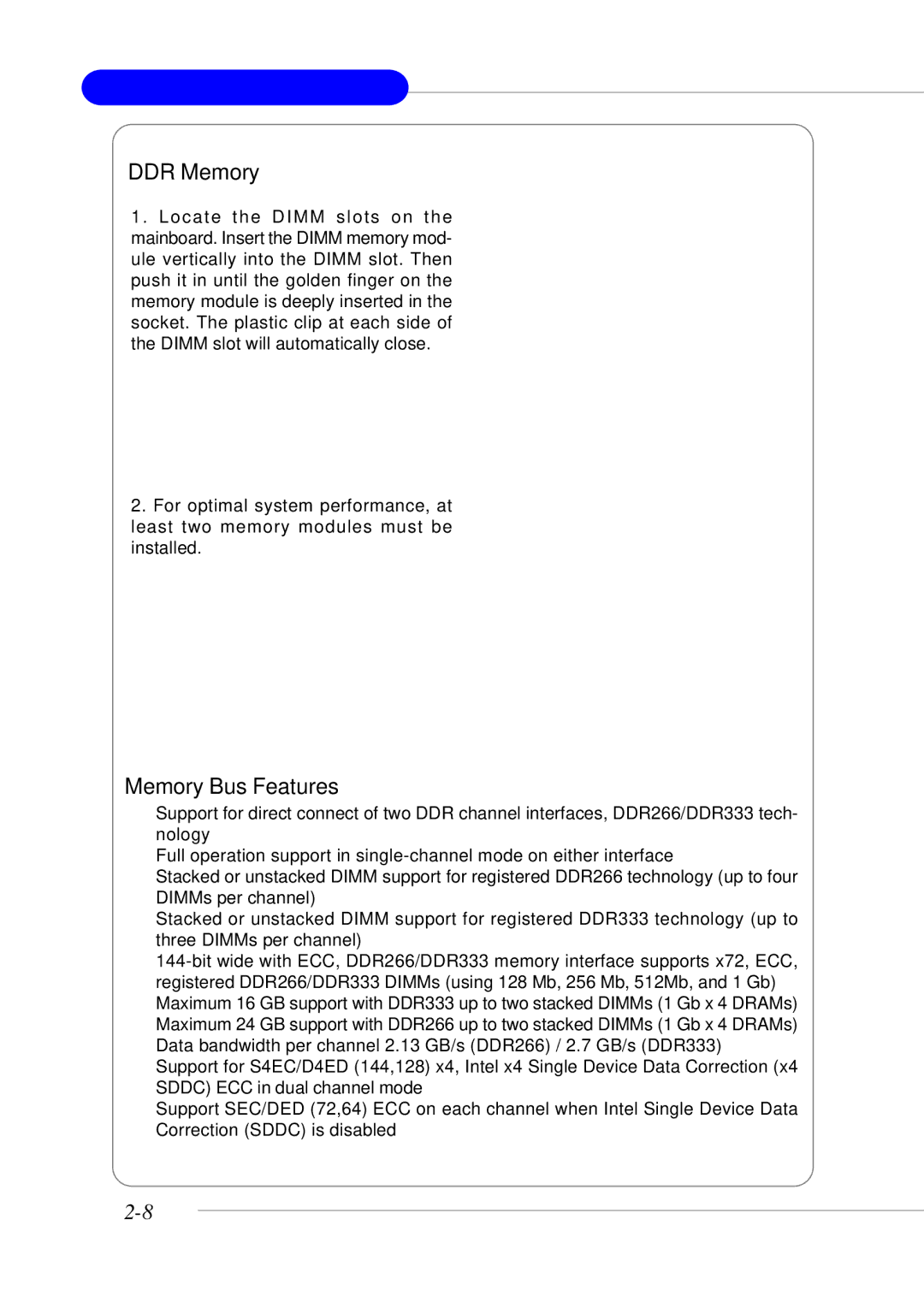 MSI MS-9246 manual DDR Memory, Memory Bus Features 