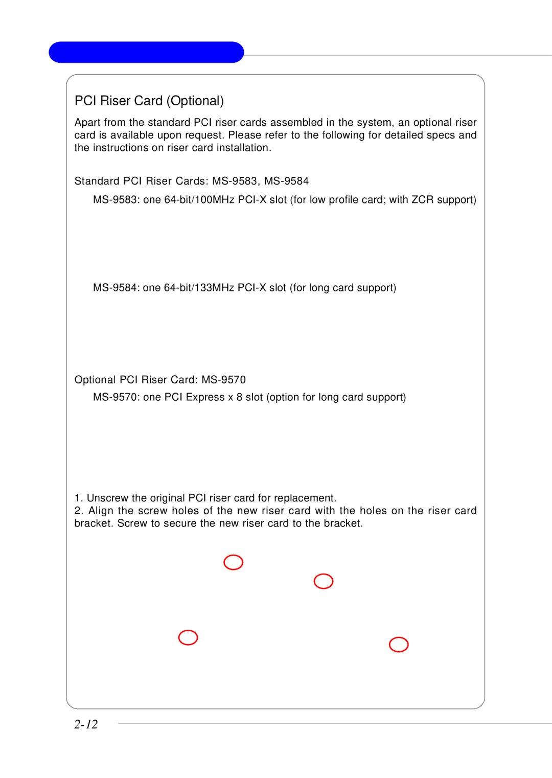 MSI MS-9246 manual PCI Riser Card Optional, Standard PCI Riser Cards MS-9583, MS-9584, Optional PCI Riser Card MS-9570 