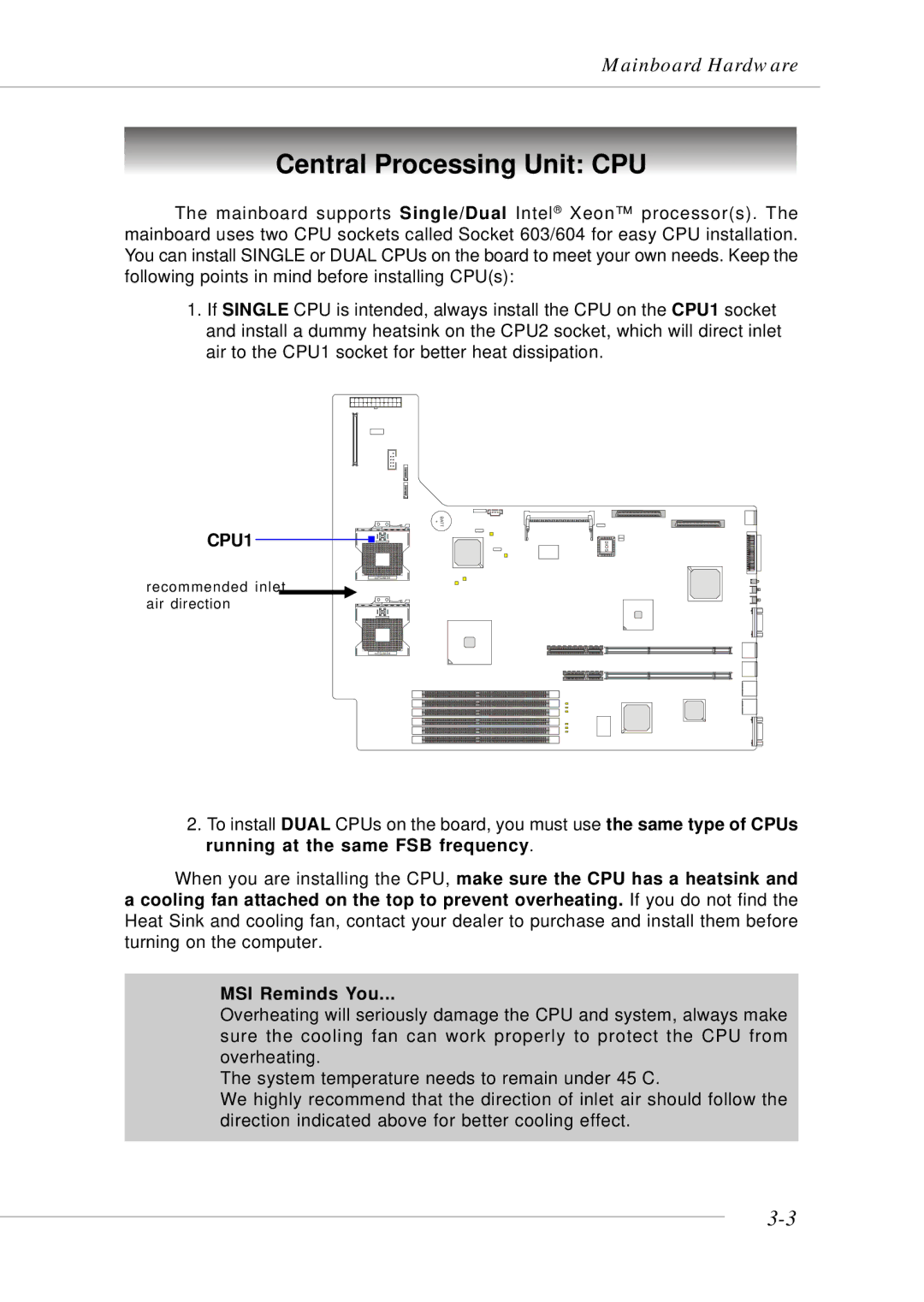 MSI MS-9246 manual Central Processing Unit CPU, CPU1 