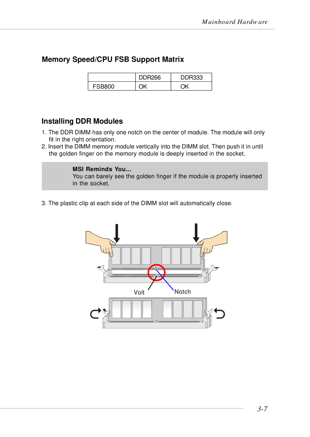 MSI MS-9246 manual Memory Speed/CPU FSB Support Matrix, Installing DDR Modules 