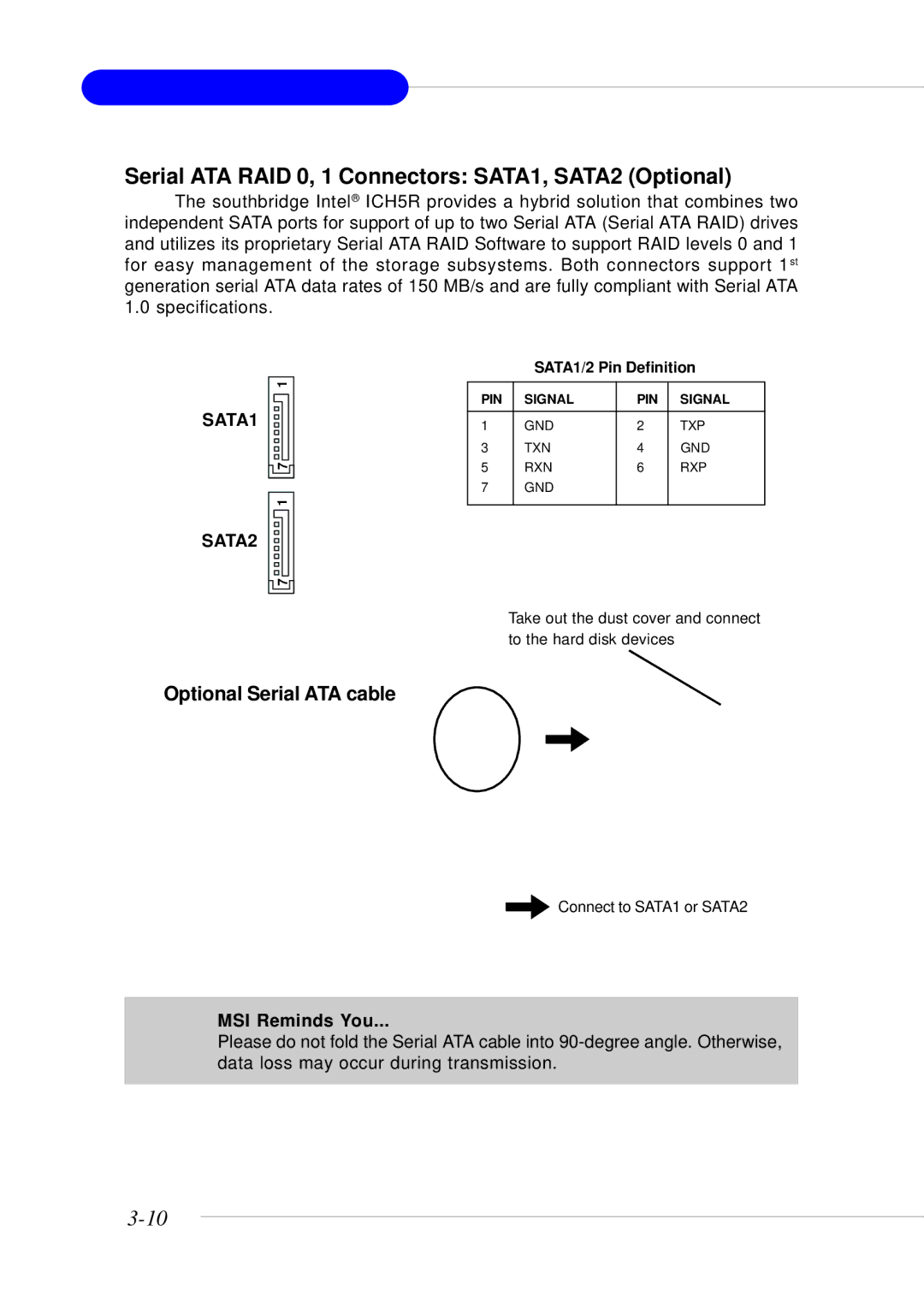 MSI MS-9246 manual Serial ATA RAID 0, 1 Connectors SATA1, SATA2 Optional, SATA1 SATA2 