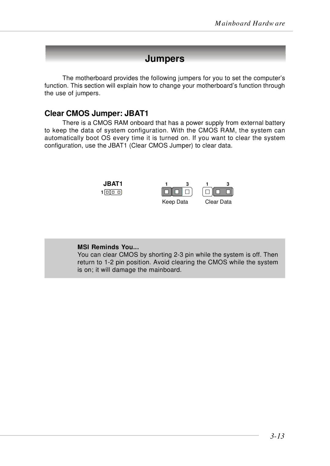 MSI MS-9246 manual Jumpers, Clear Cmos Jumper JBAT1 