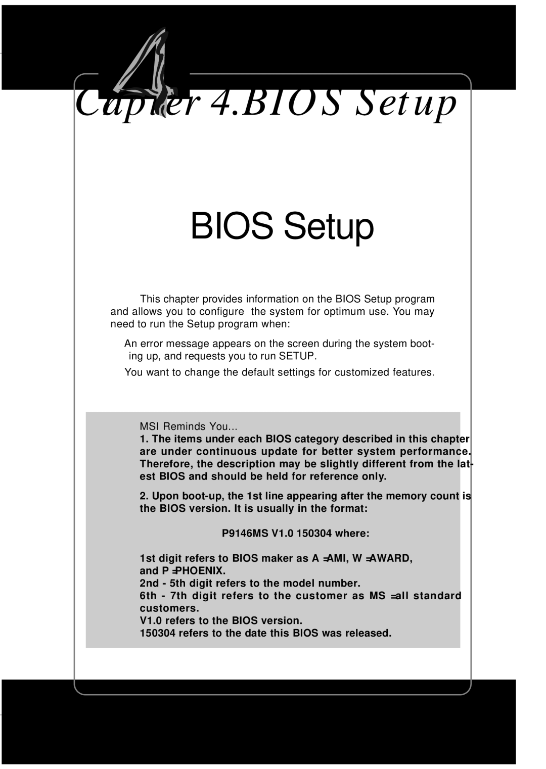 MSI MS-9246 manual Bios Setup 