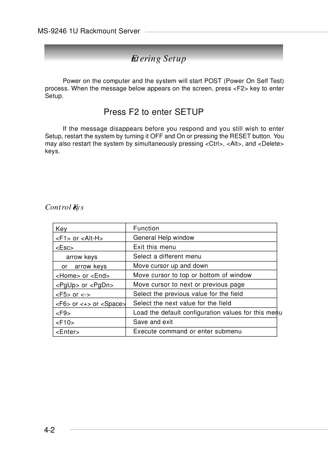 MSI MS-9246 manual Entering Setup, Control Keys 