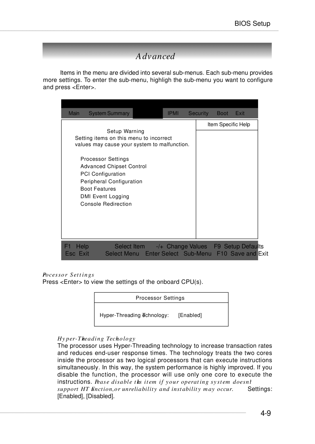 MSI MS-9246 manual Advanced, Processor Settings, Hyper-Threading Technology 