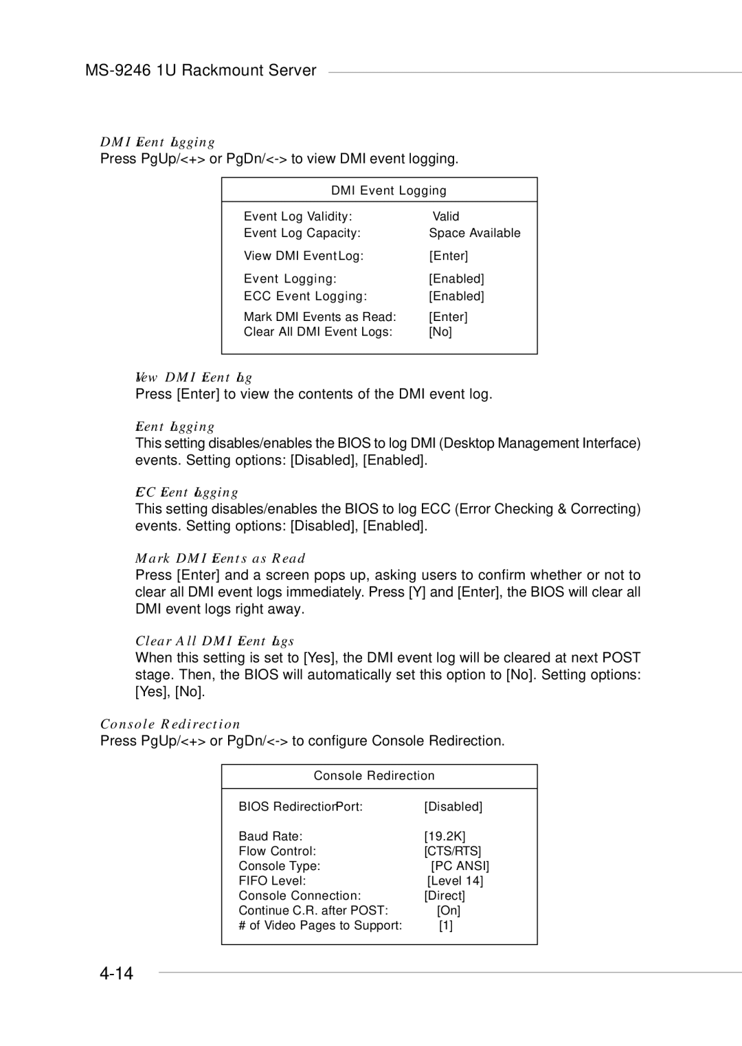 MSI MS-9246 DMI Event Logging, View DMI Event Log, ECC Event Logging, Mark DMI Events as Read, Clear All DMI Event Logs 