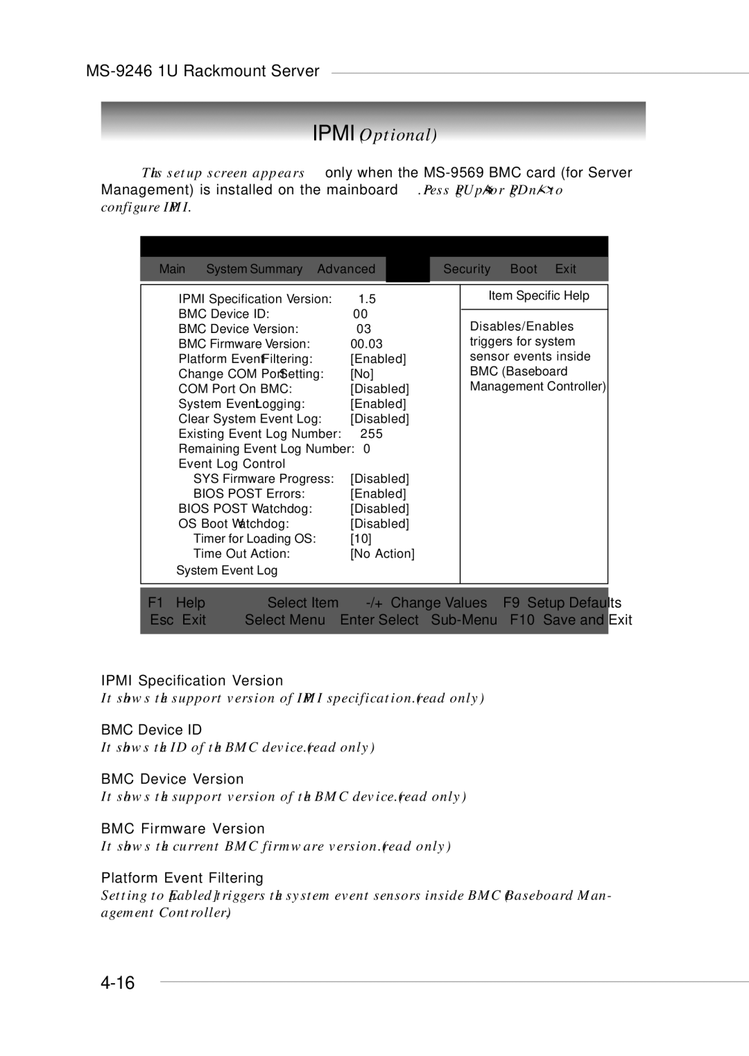 MSI MS-9246 Ipmi Specification Version, BMC Device ID, BMC Device Version, BMC Firmware Version, Platform Event Filtering 