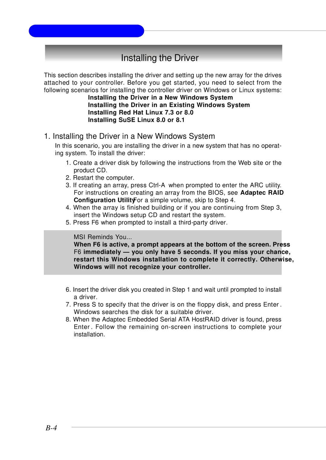 MSI MS-9246 manual Installing the Driver in a New Windows System 