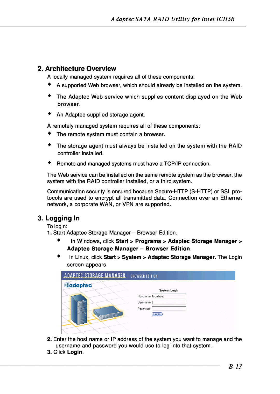 MSI MS-9246 manual B-13, Architecture Overview, Logging In, Adaptec SATA RAID Utility for Intel ICH5R 