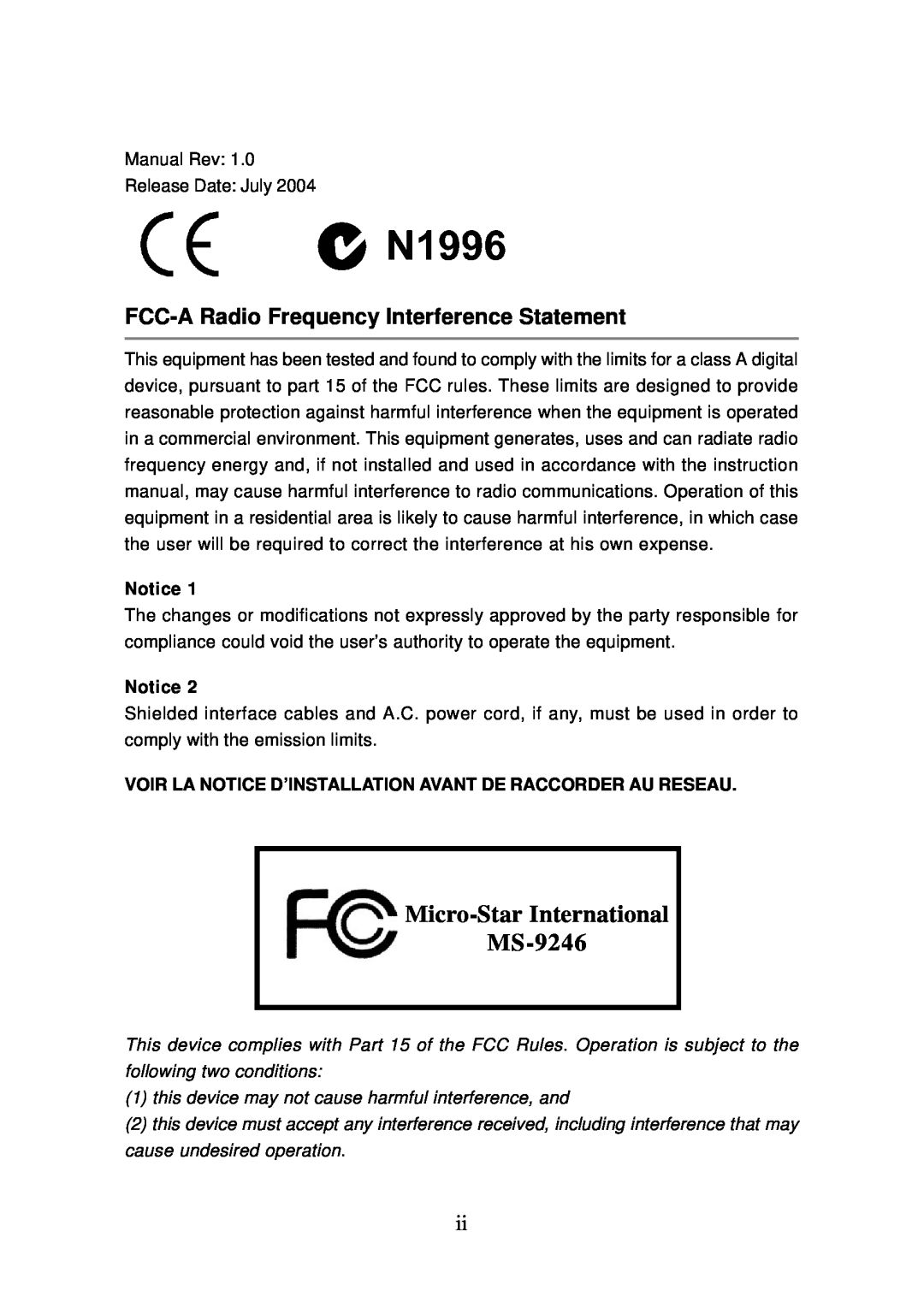 MSI manual Micro-Star International MS-9246, FCC-A Radio Frequency Interference Statement 
