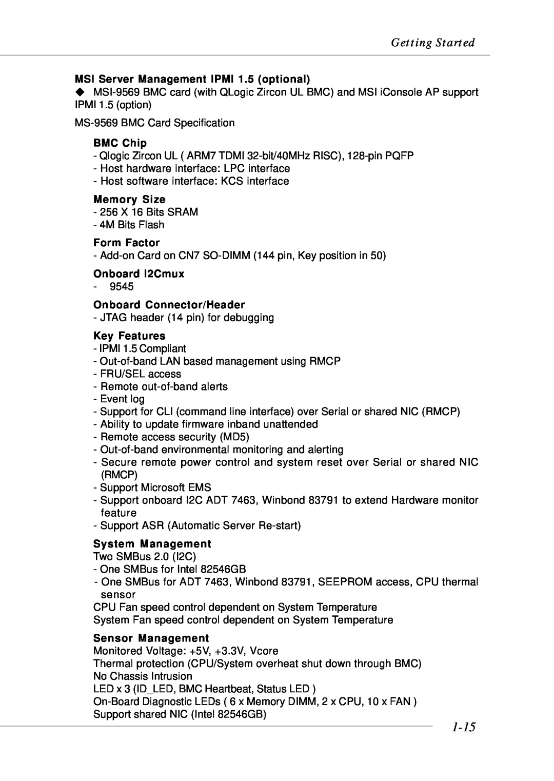 MSI MS-9246 manual 1-15, Getting Started, MSI Server Management IPMI 1.5 optional, BMC Chip, Memory Size, Form Factor 