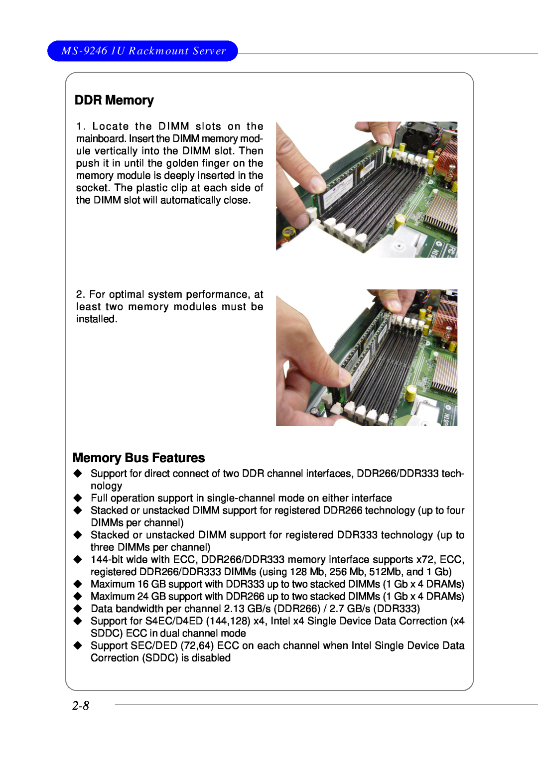 MSI manual DDR Memory, Memory Bus Features, MS-9246 1U Rackmount Server 
