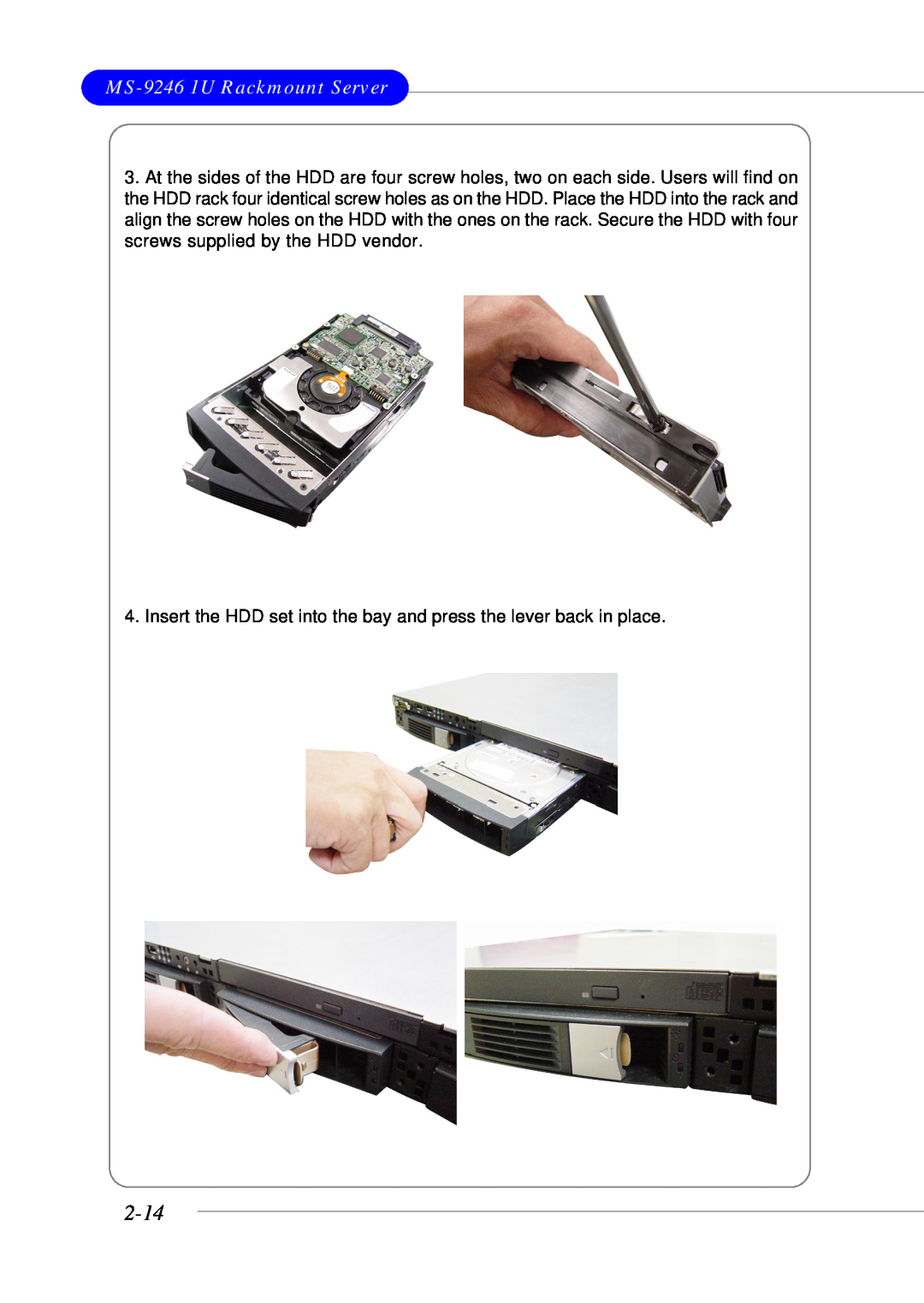 MSI manual 2-14, MS-9246 1U Rackmount Server, Insert the HDD set into the bay and press the lever back in place 
