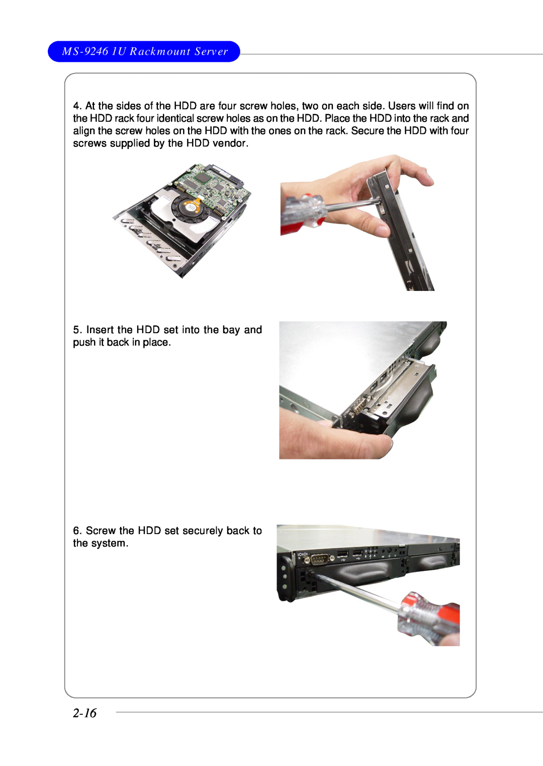 MSI manual 2-16, MS-9246 1U Rackmount Server, Insert the HDD set into the bay and push it back in place 
