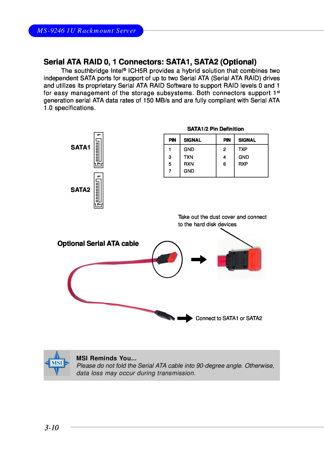 MSI manual 3-10, MS-9246 1U Rackmount Server, Optional Serial ATA cable, SATA1 SATA2, MSI Reminds You 