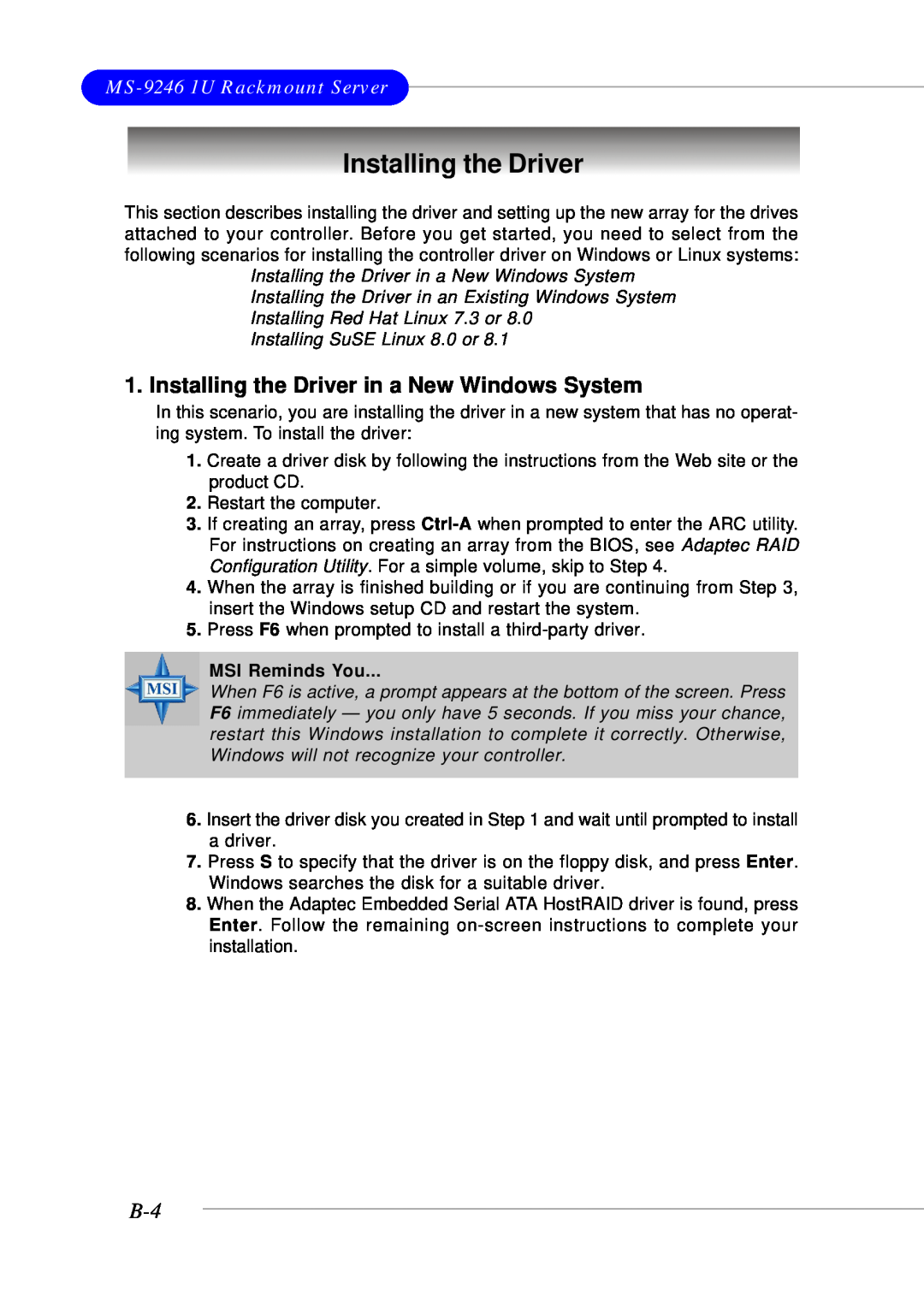 MSI manual MS-9246 1U Rackmount Server, Installing the Driver in a New Windows System, MSI Reminds You 