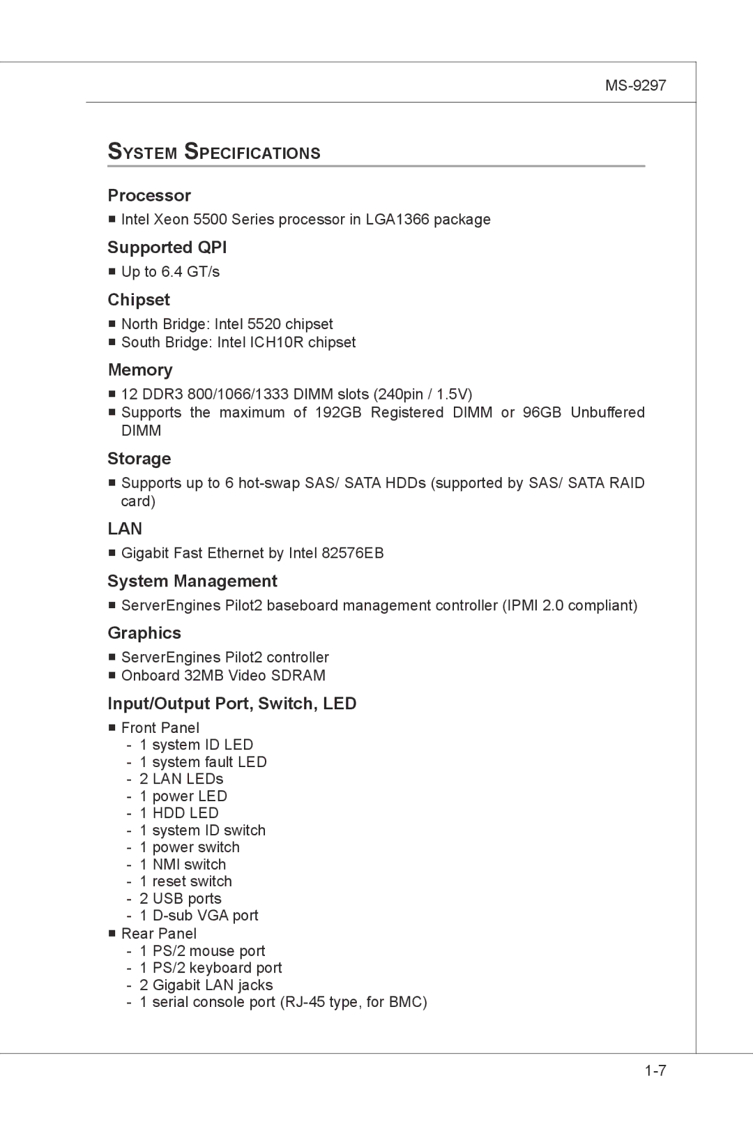 MSI MS-9297 manual Processor, Supported QPI, Chipset, Memory, Storage, System Management, Graphics 