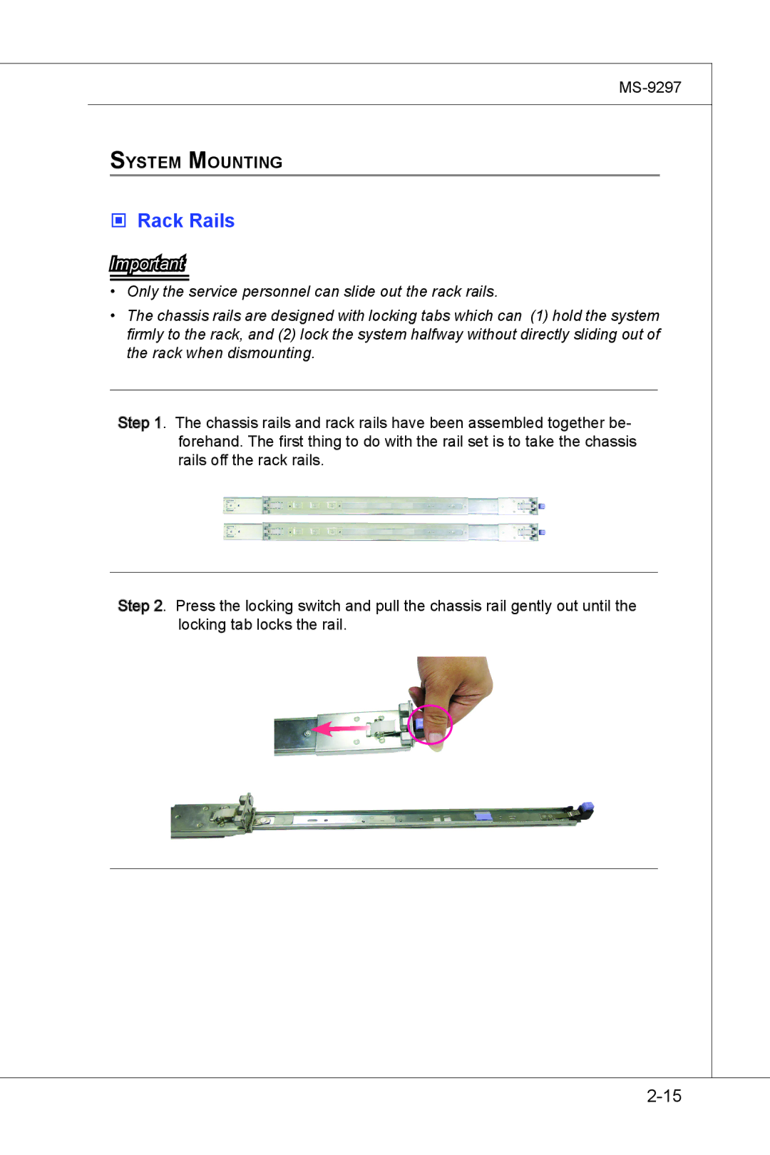 MSI MS-9297 manual  Rack Rails, System Mounting 