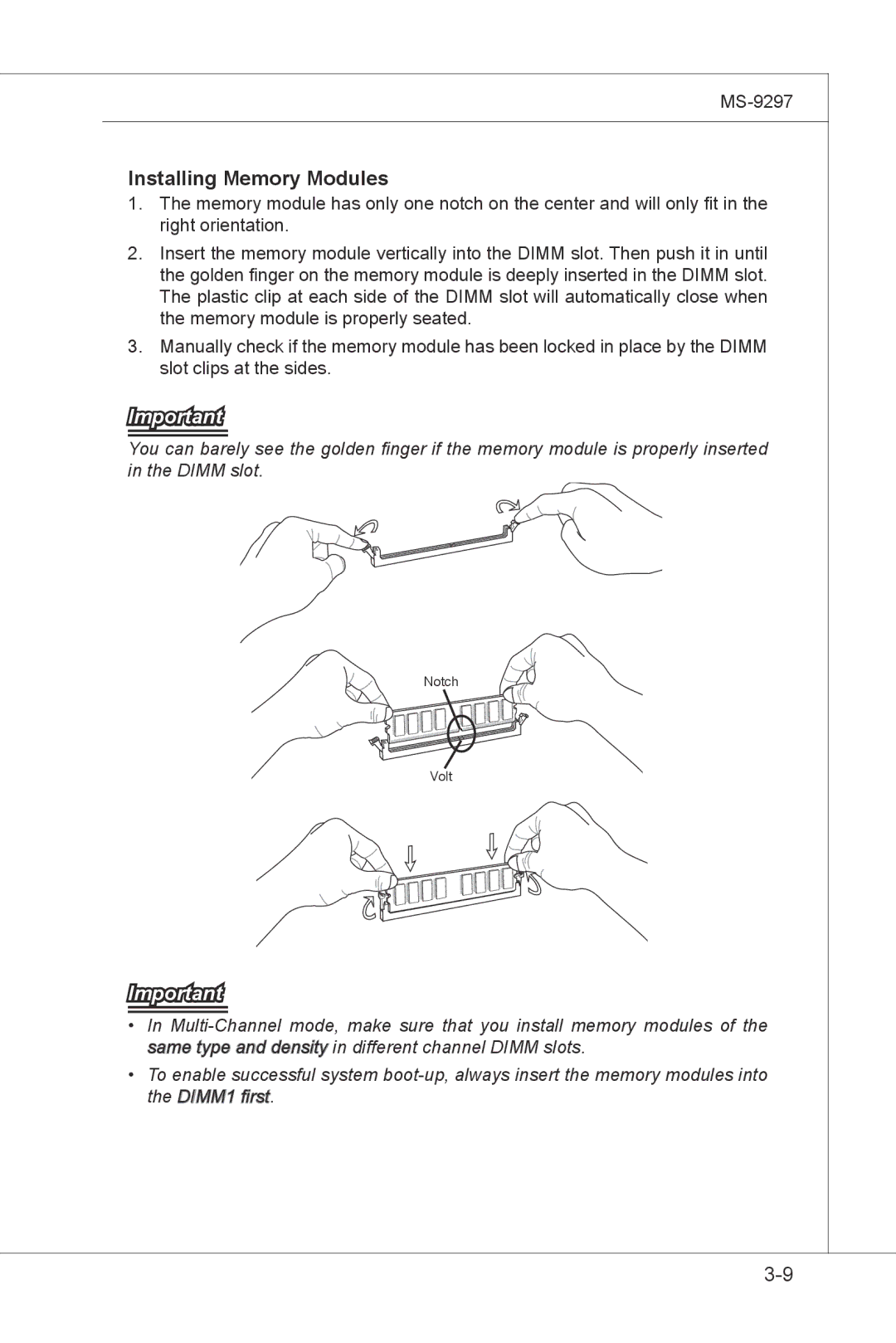 MSI MS-9297 manual Installing Memory Modules 
