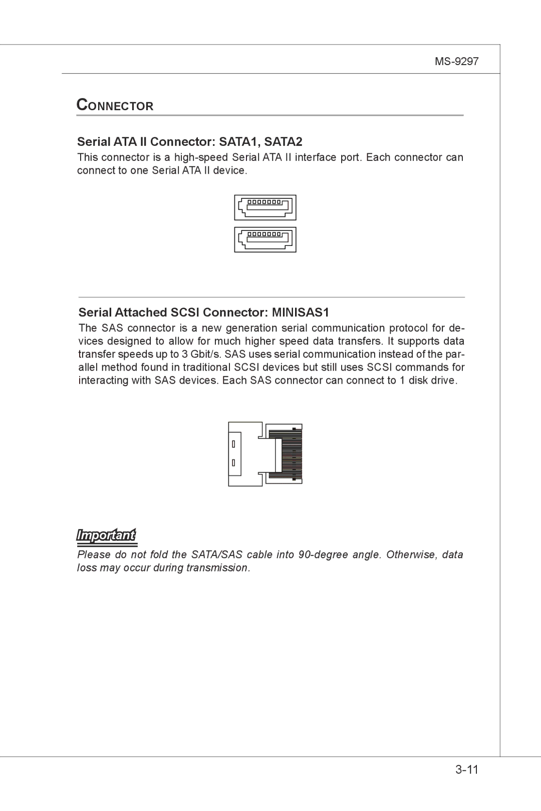 MSI MS-9297 manual Serial ATA II Connector SATA1, SATA2, Serial Attached Scsi Connector MINISAS1 