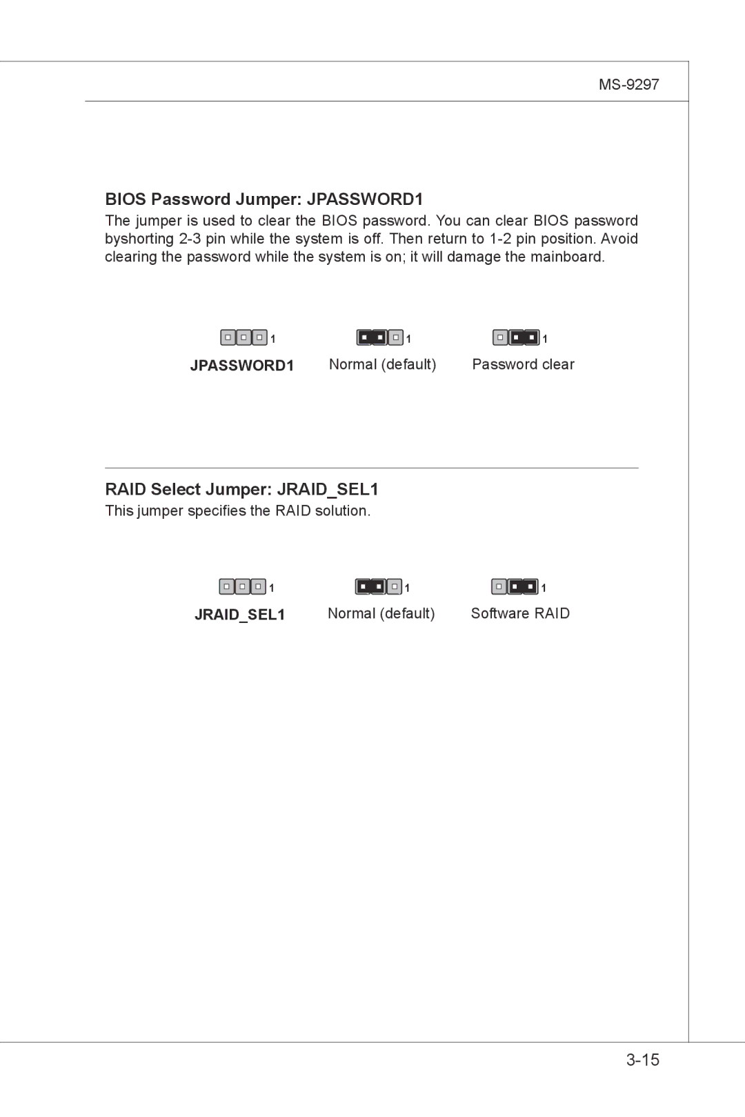 MSI MS-9297 manual Bios Password Jumper JPASSWORD1, RAID Select Jumper JRAIDSEL1 