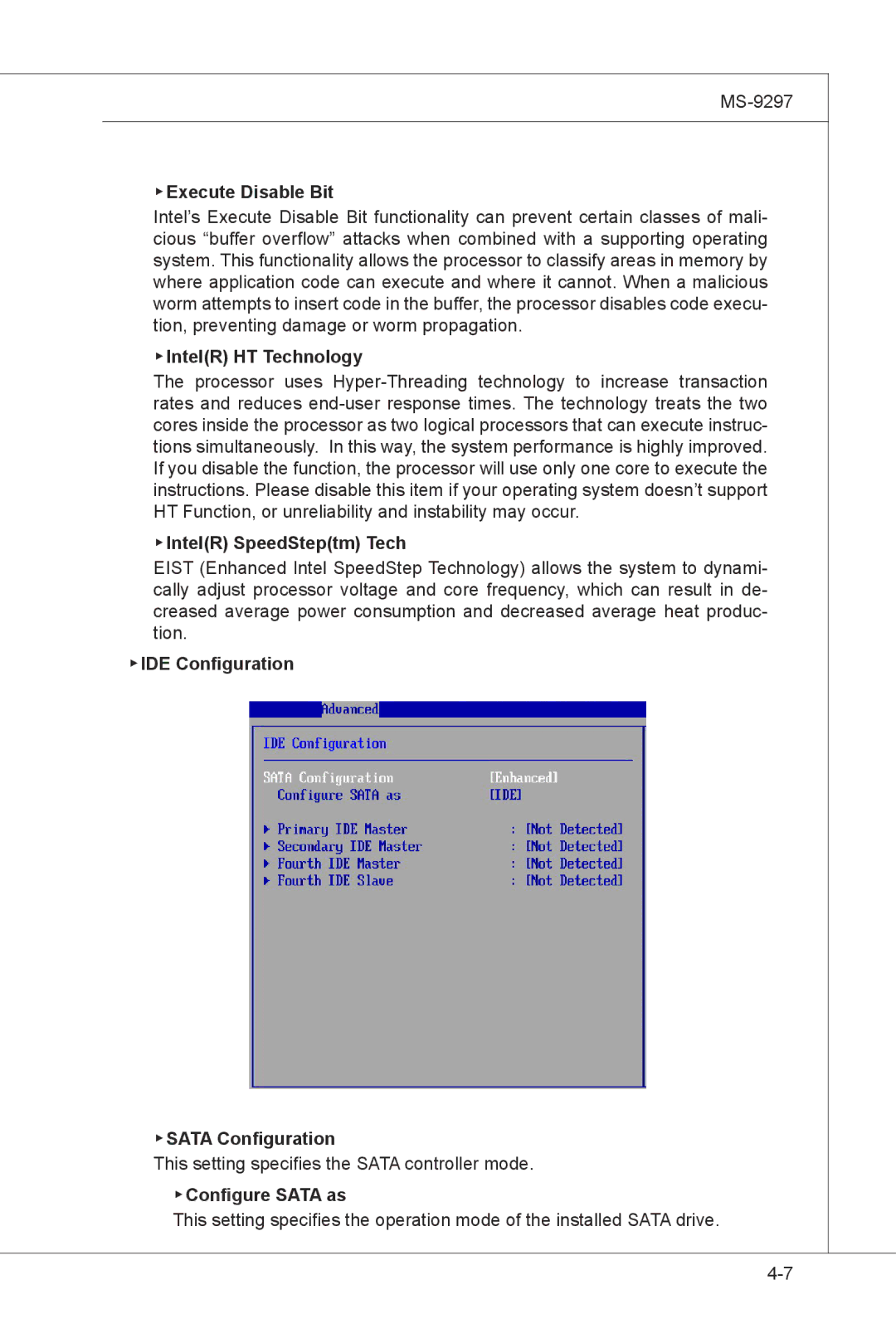 MSI MS-9297 manual Execute Disable Bit, IntelR HT Technology, IntelR SpeedSteptm Tech, IDE Configuration Sata Configuration 