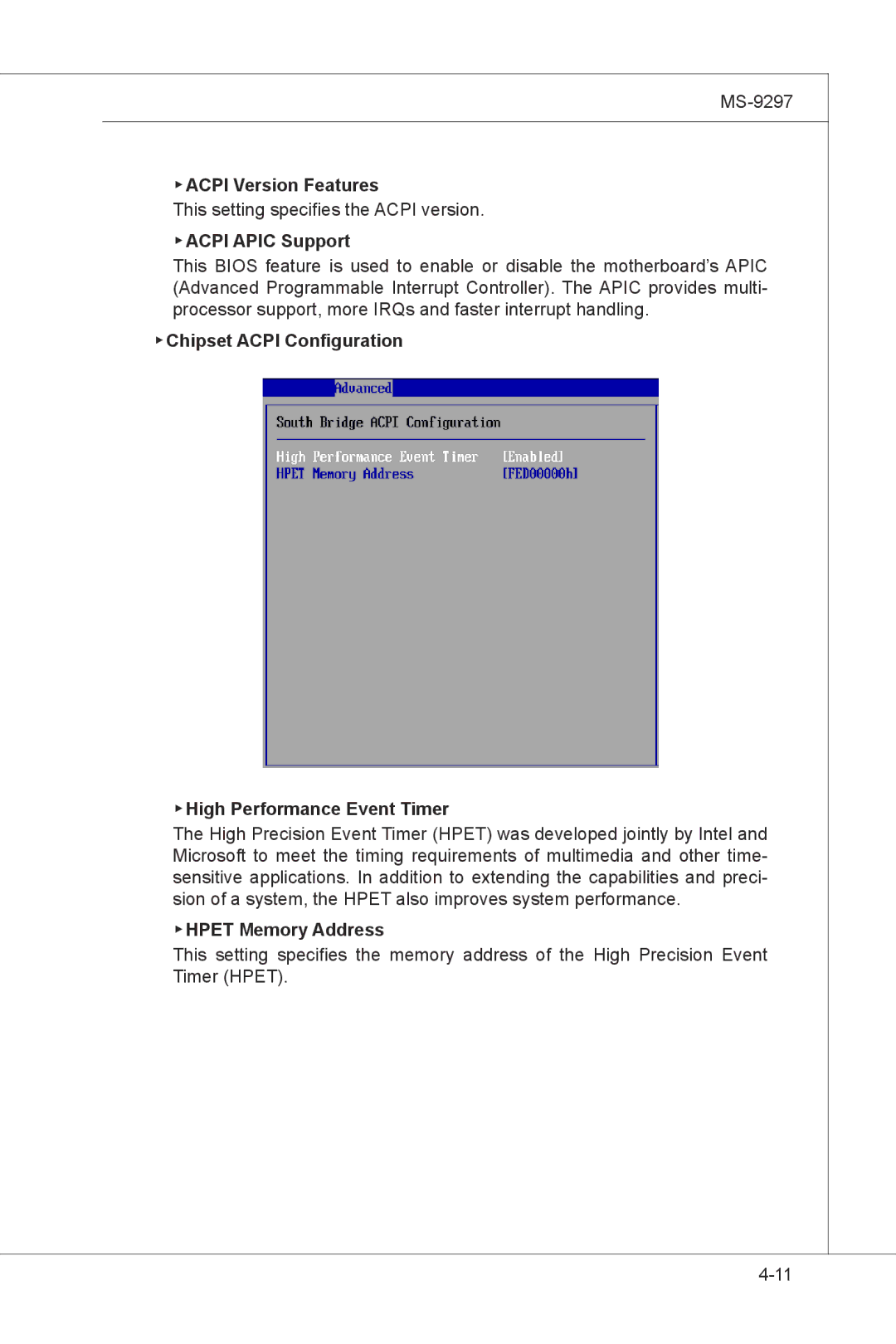 MSI MS-9297 manual Acpi Version Features, Acpi Apic Support, Chipset Acpi Configuration High Performance Event Timer 