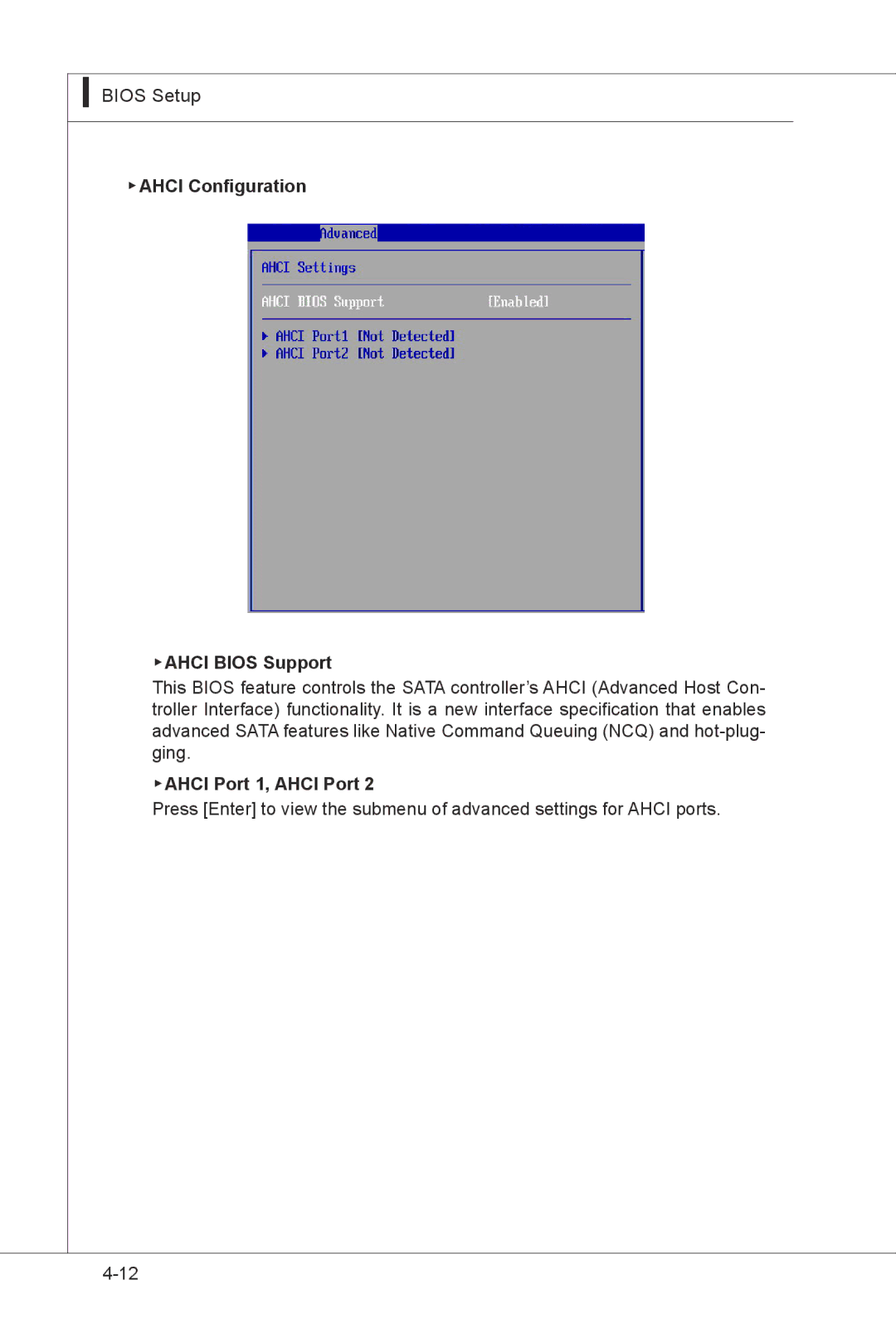 MSI MS-9297 manual Ahci Configuration Ahci Bios Support, Ahci Port 1, Ahci Port 