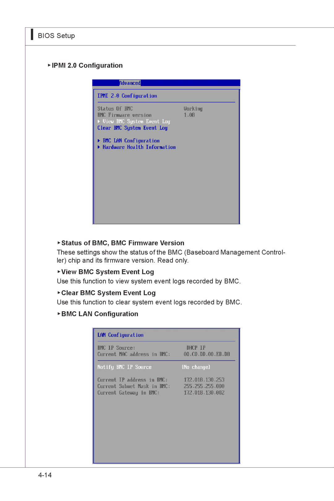 MSI MS-9297 Ipmi 2.0 Configuration Status of BMC, BMC Firmware Version, View BMC System Event Log, BMC LAN Configuration 