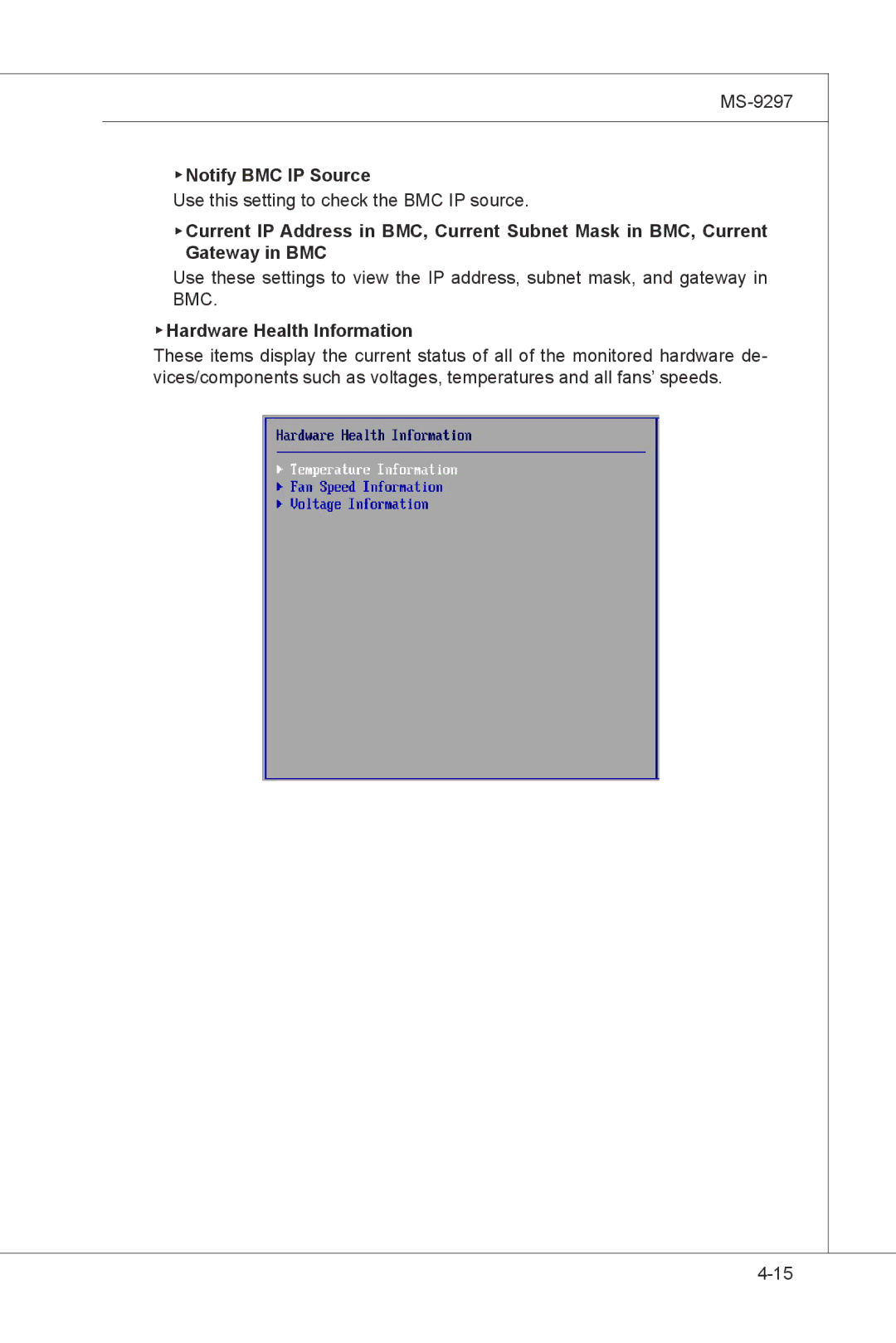 MSI MS-9297 manual Notify BMC IP Source, Hardware Health Information 