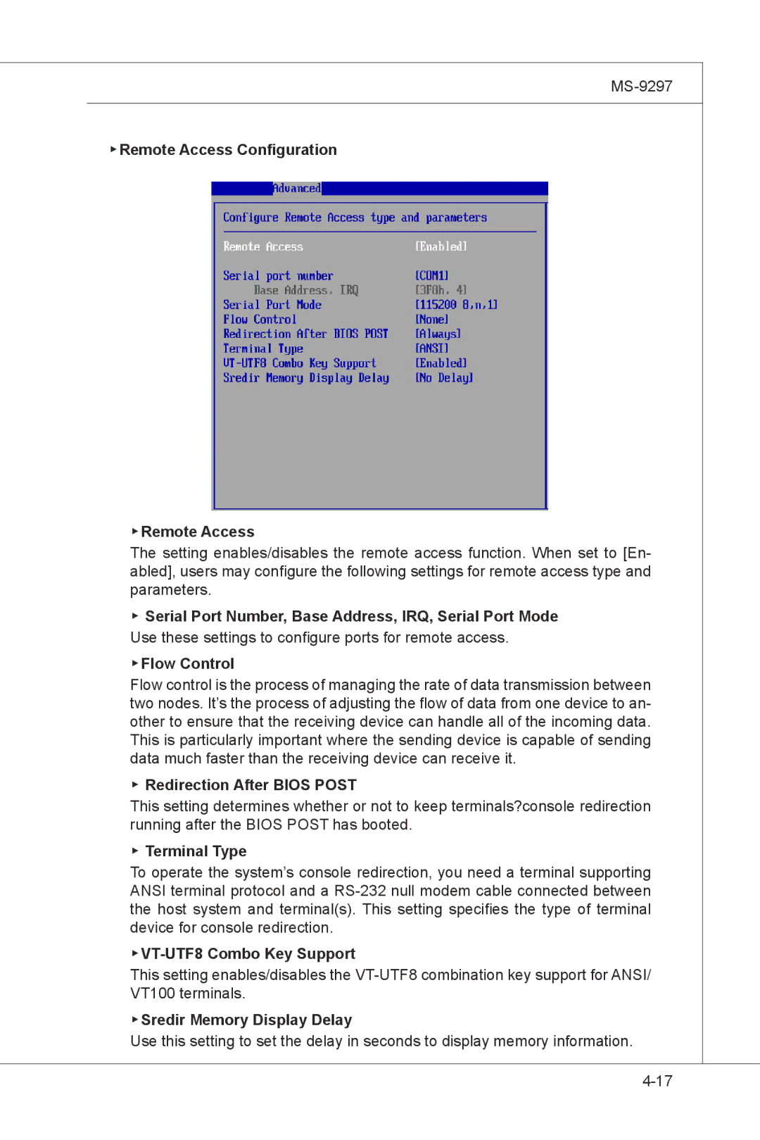 MSI MS-9297 manual Remote Access Configuration, Serial Port Number, Base Address, IRQ, Serial Port Mode, Flow Control 