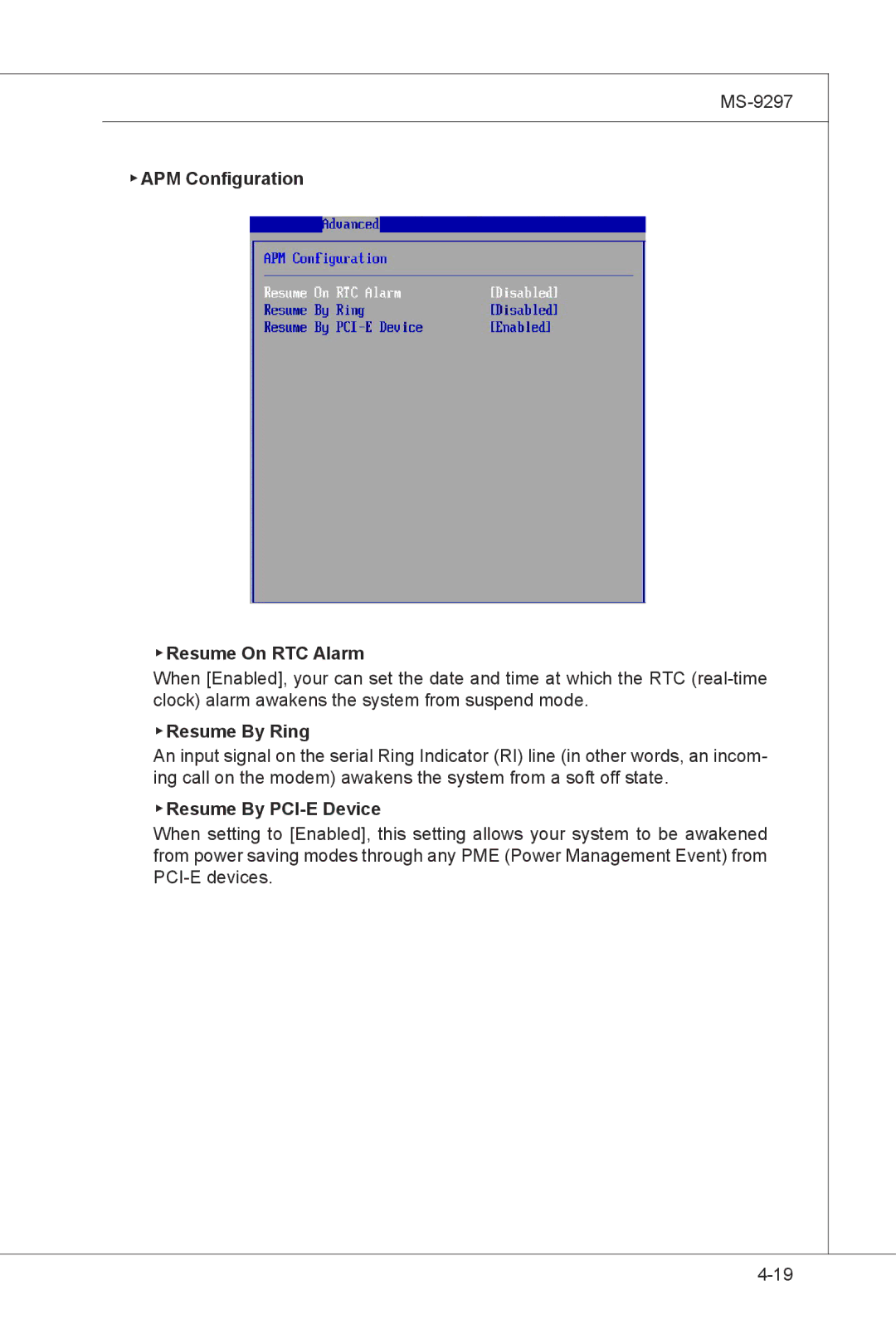 MSI MS-9297 manual APM Configuration Resume On RTC Alarm, Resume By Ring, Resume By PCI-E Device 