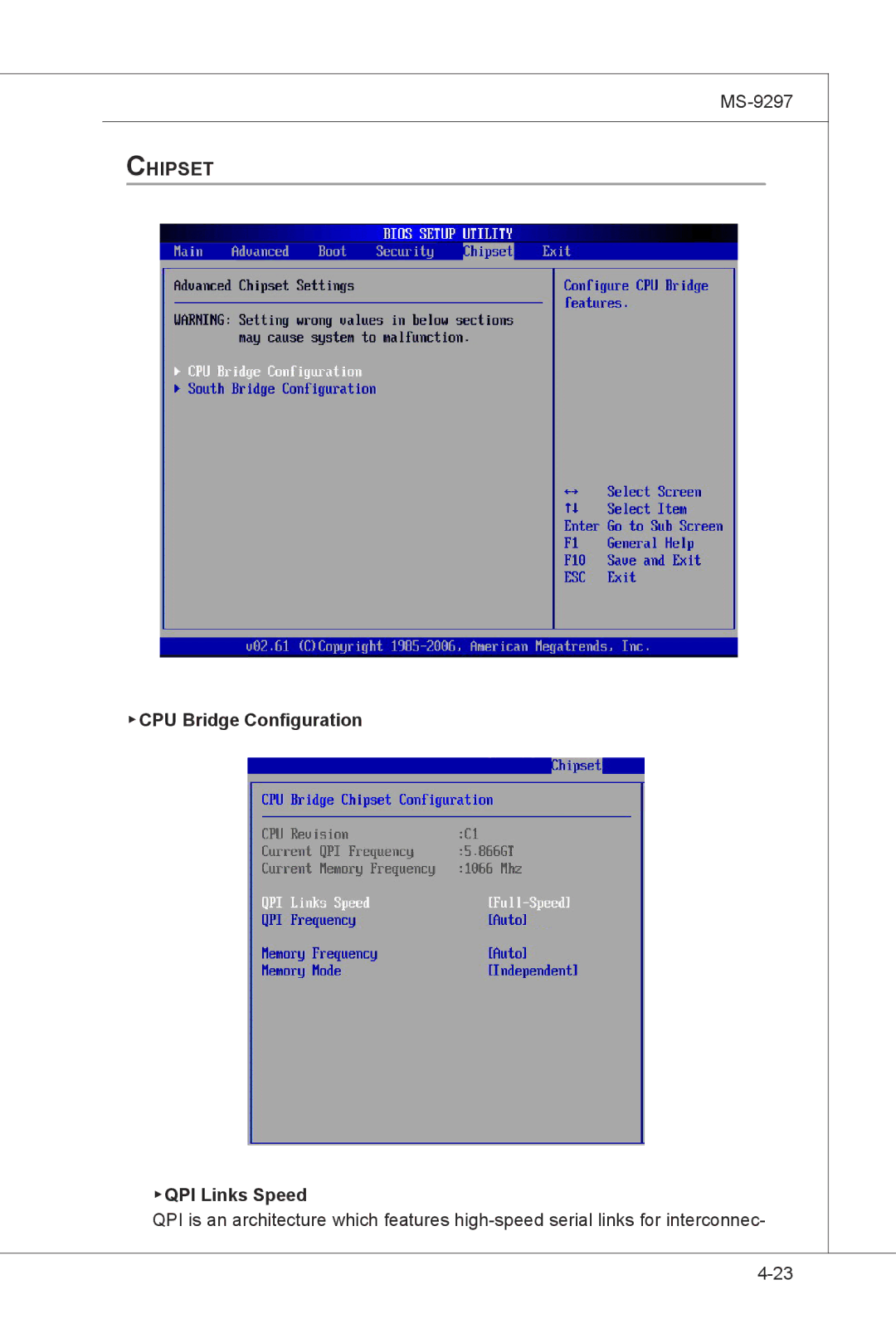 MSI MS-9297 manual Chipset CPU Bridge Configuration QPI Links Speed 